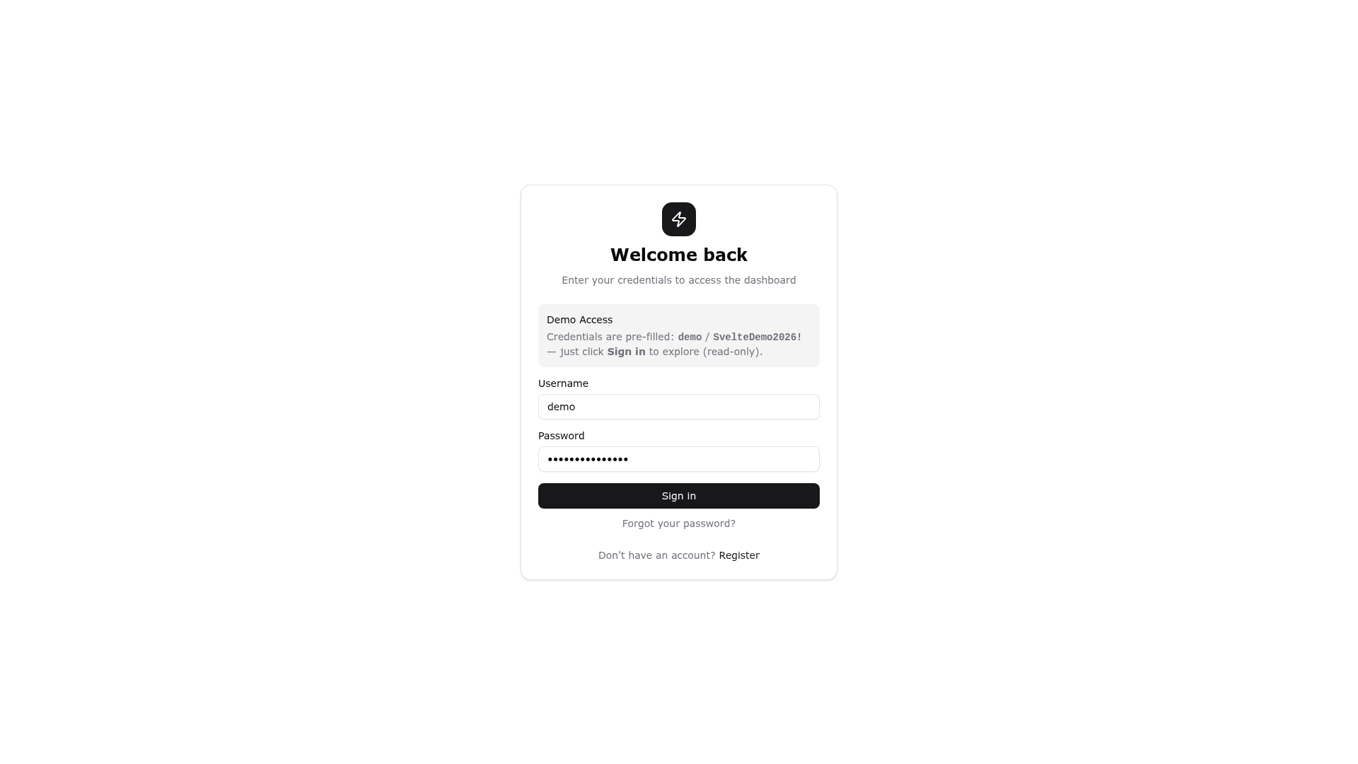 screenshot of SvelteForge Admin on template0.com