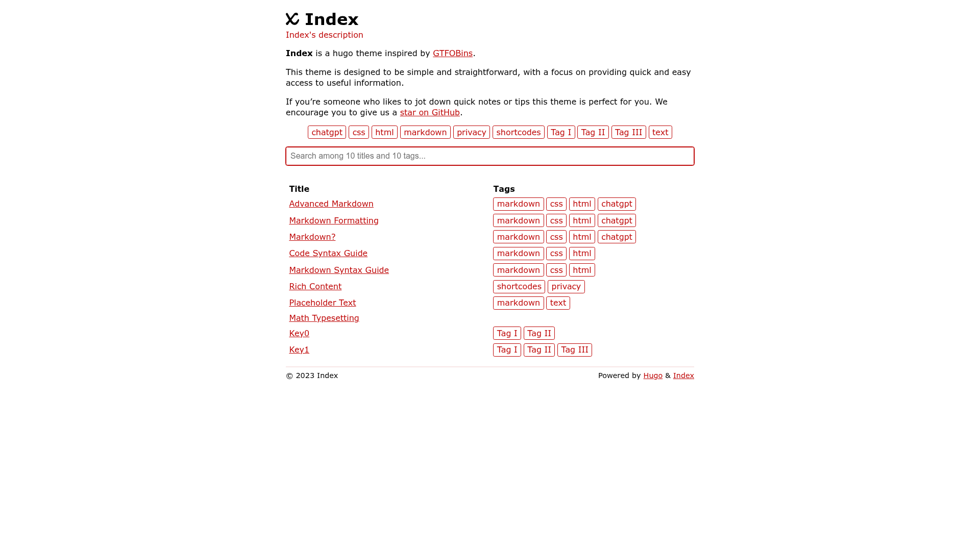 screenshot of Hugo Index on template0.com