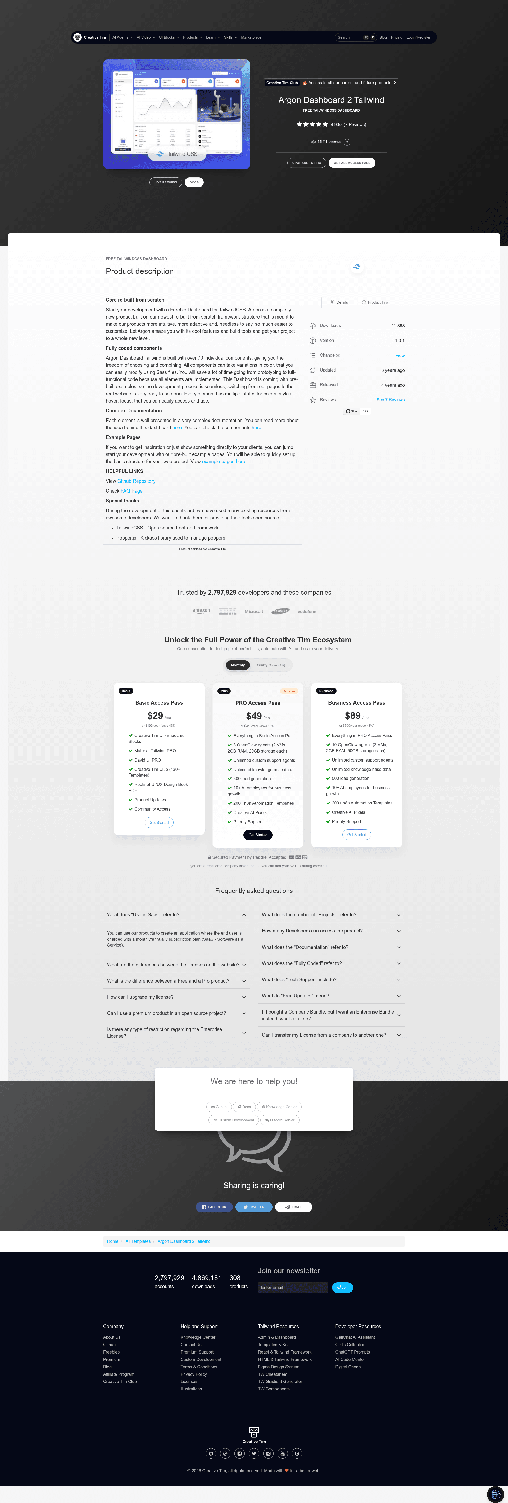screenshot of Argon Dashboard 2 Tailwind on template0.com