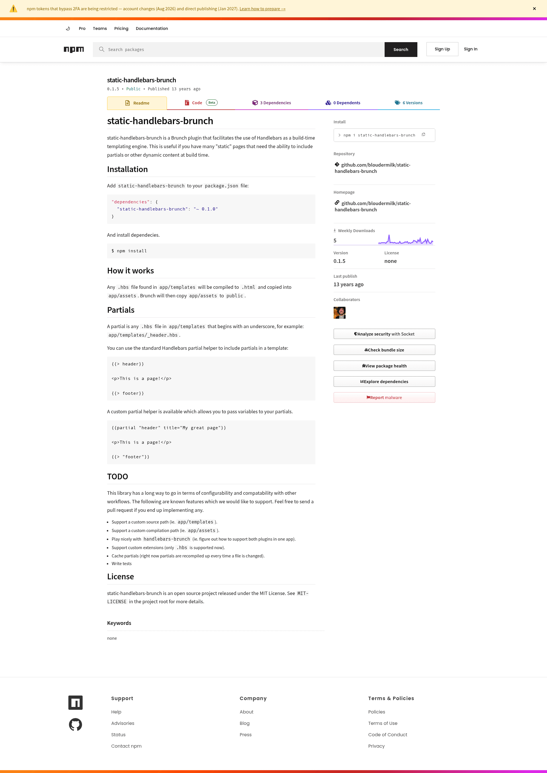 screenshot of Static Handlebars Brunch on template0.com