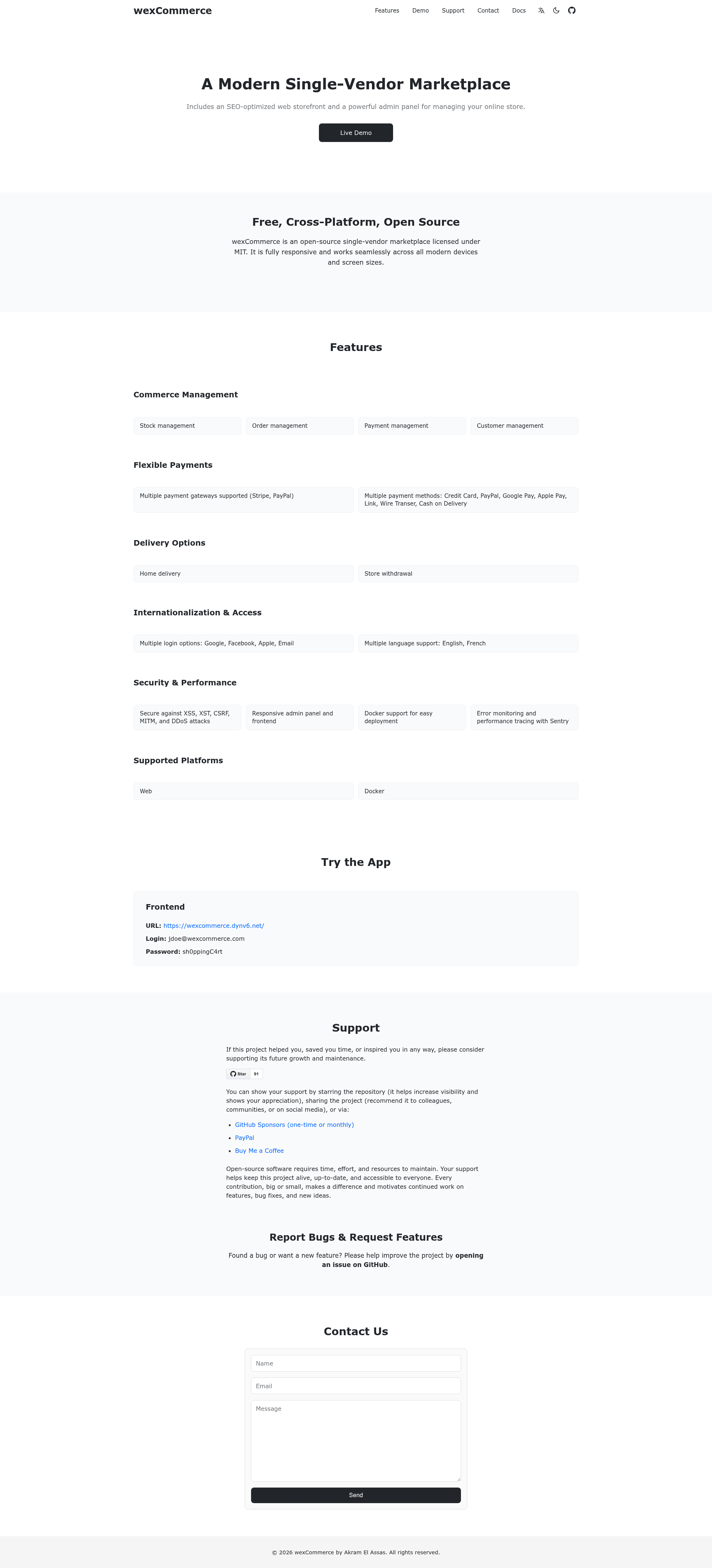 screenshot of wexCommerce on template0.com