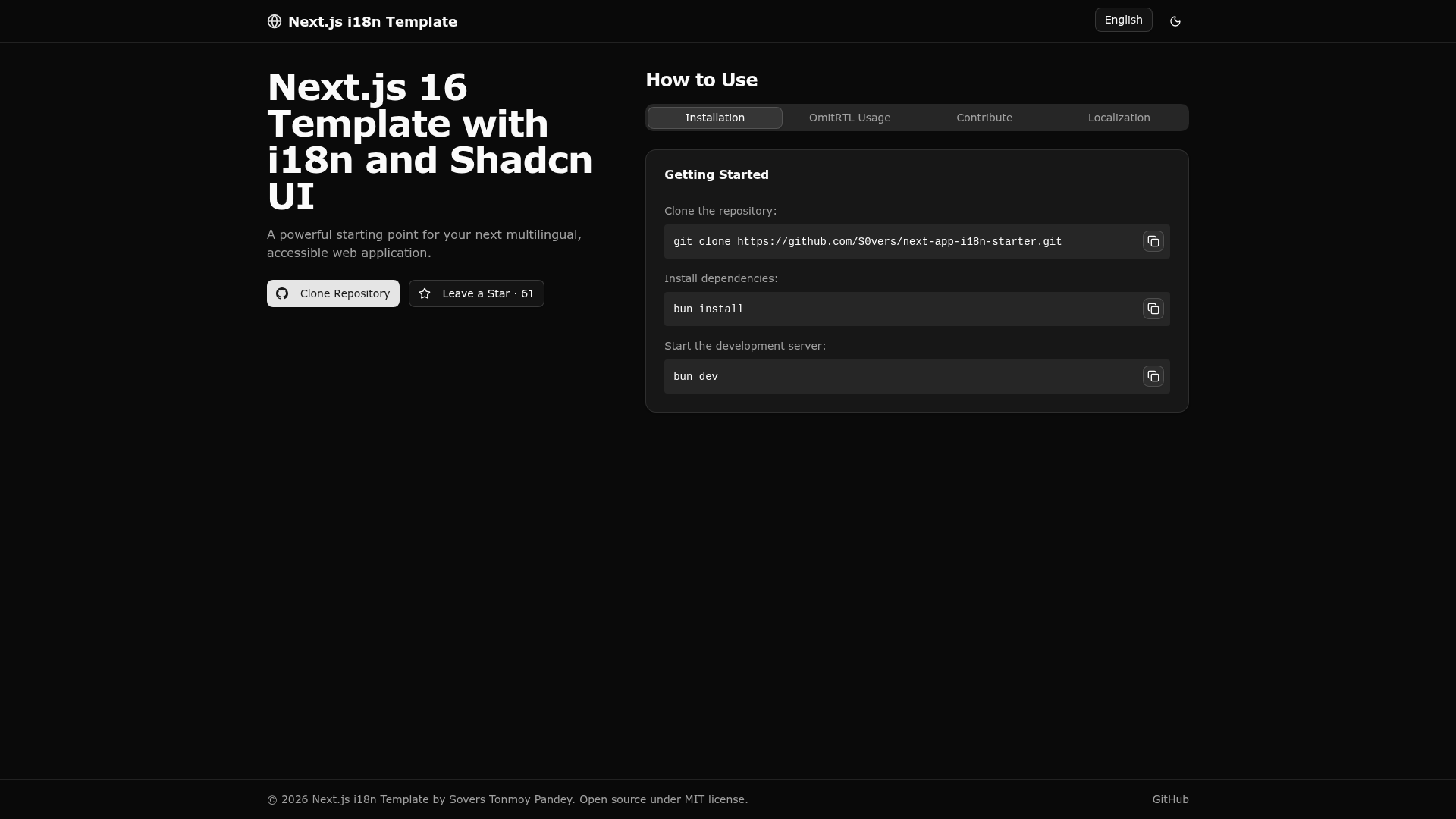screenshot of Next.js 16 i18n Starter on template0.com
