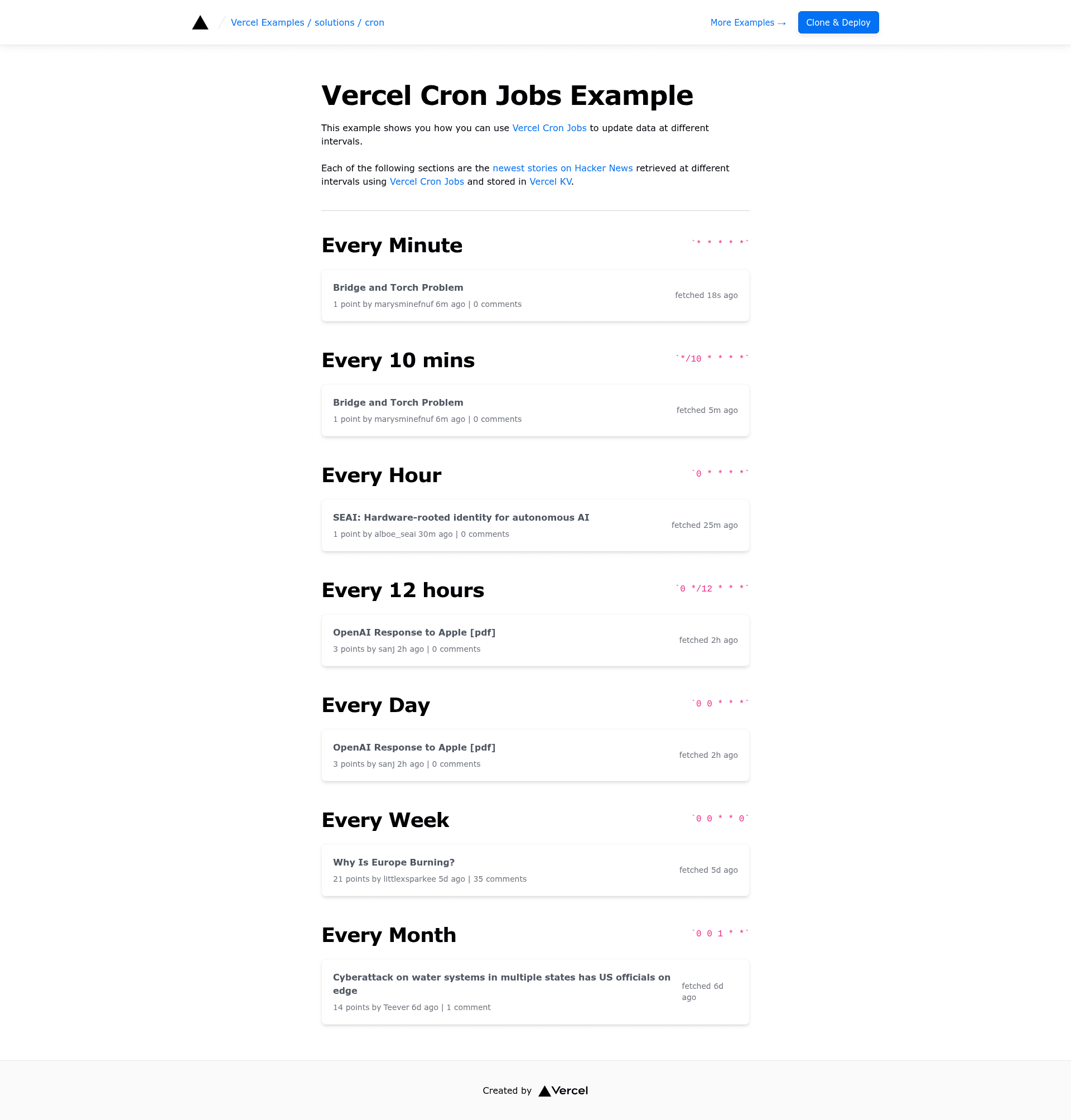 screenshot of Vercel Cron Job Example on template0.com
