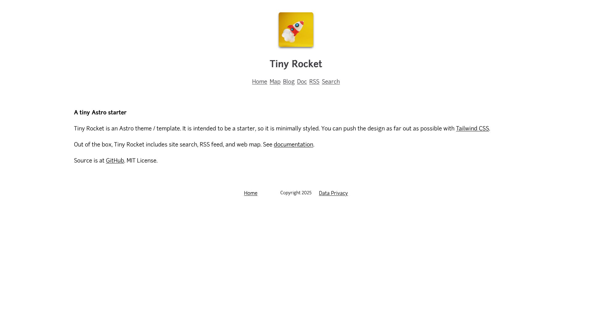 screenshot of Tiny Rocket on template0.com