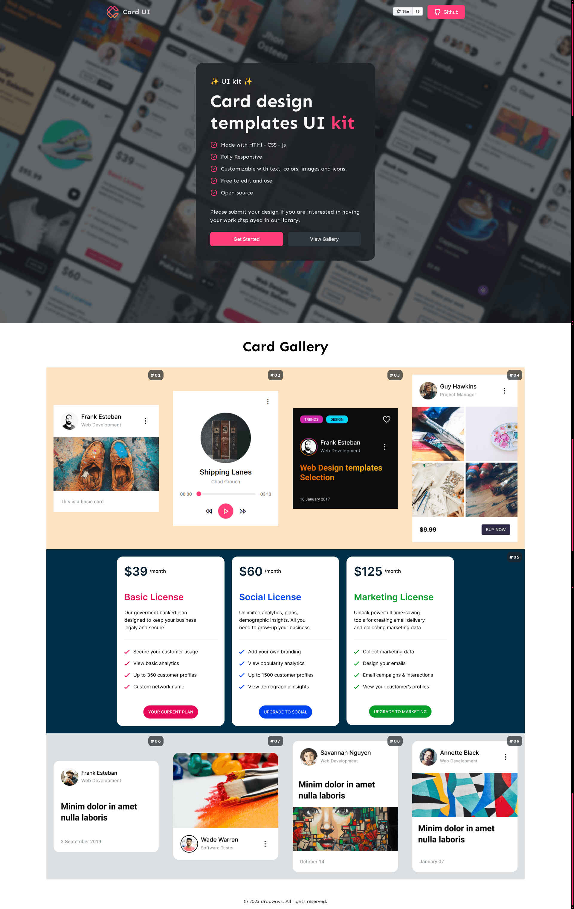 screenshot of Card UI library on template0.com