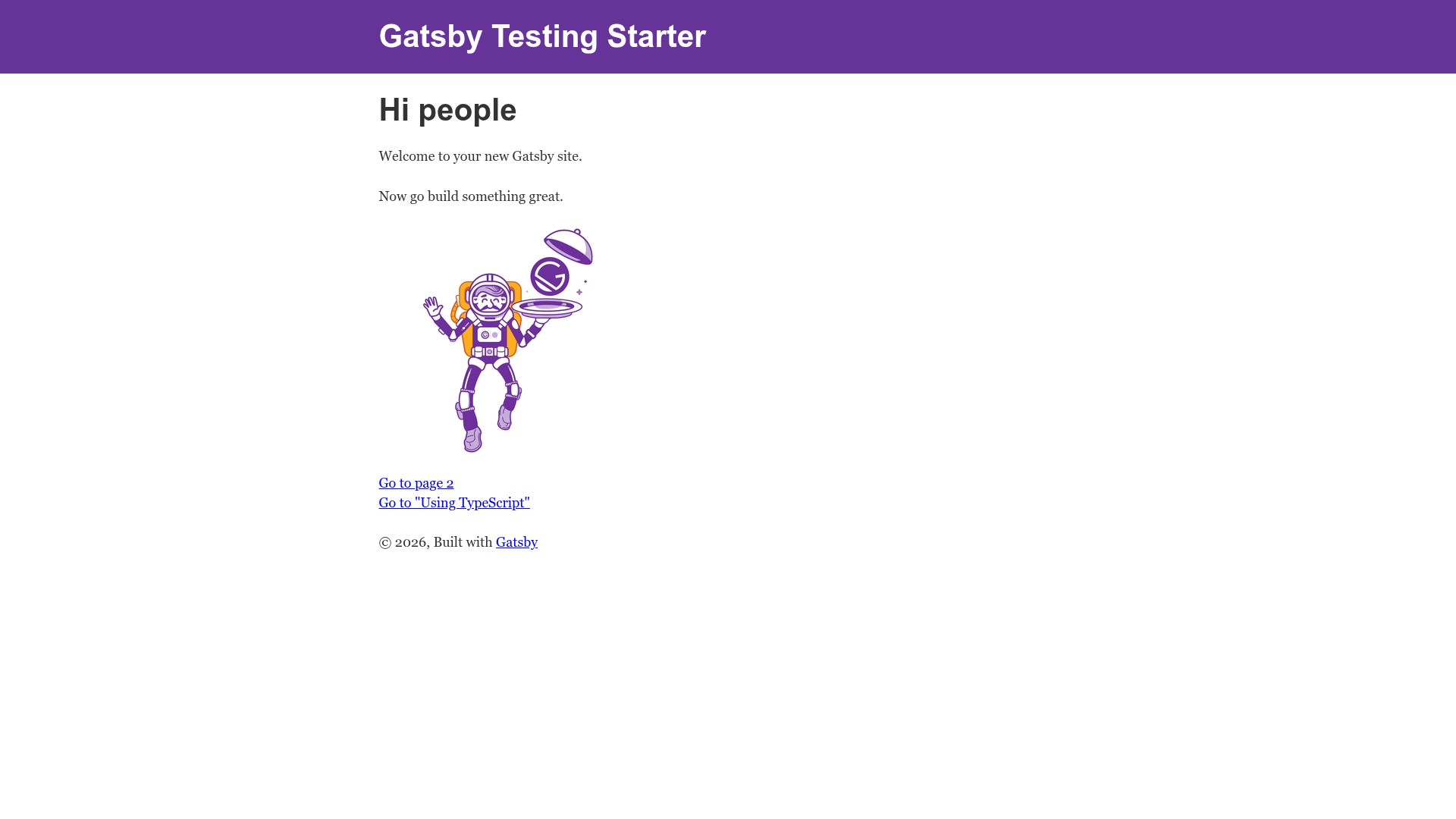 screenshot of Gatsby Testing Starter on template0.com