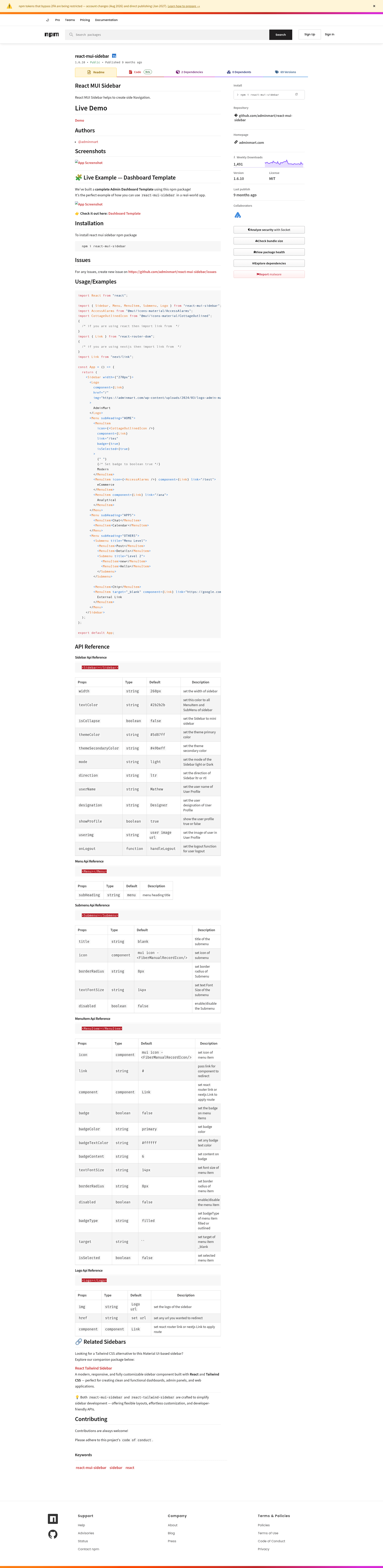 screenshot of react-mui-sidebar on template0.com