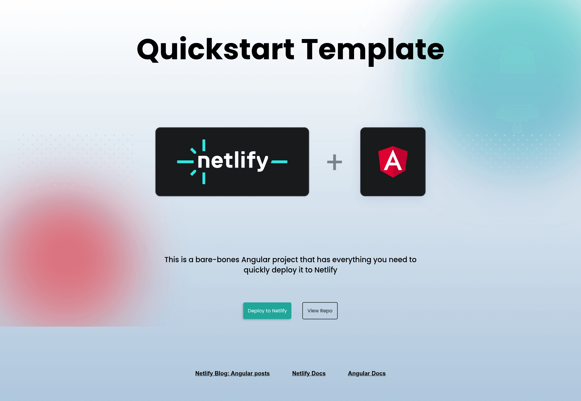 screenshot of Angular on Netlify Quick Start Template on template0.com