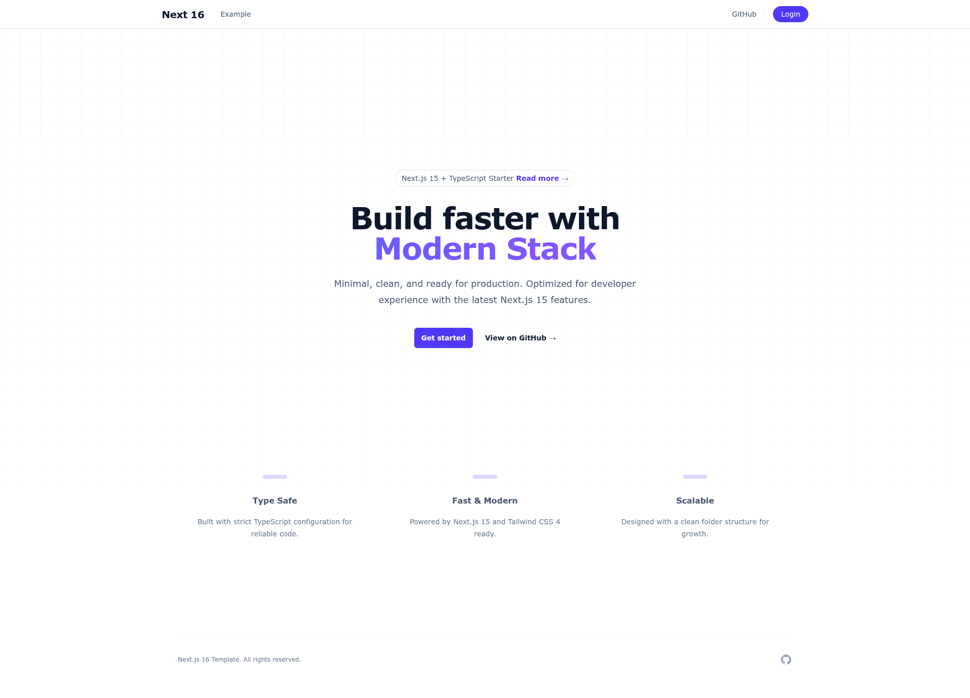 screenshot of Next.js 16 Fullstack Template on template0.com
