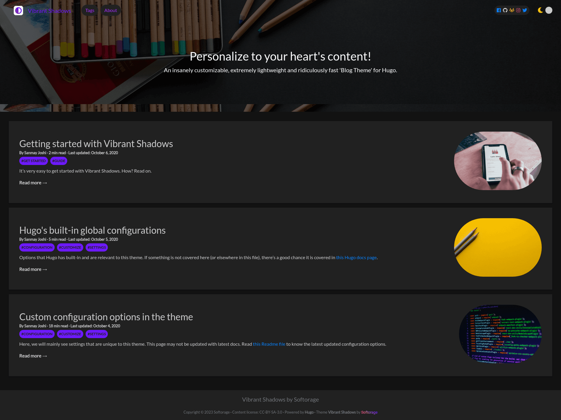 screenshot of Vibrant Shadows on template0.com
