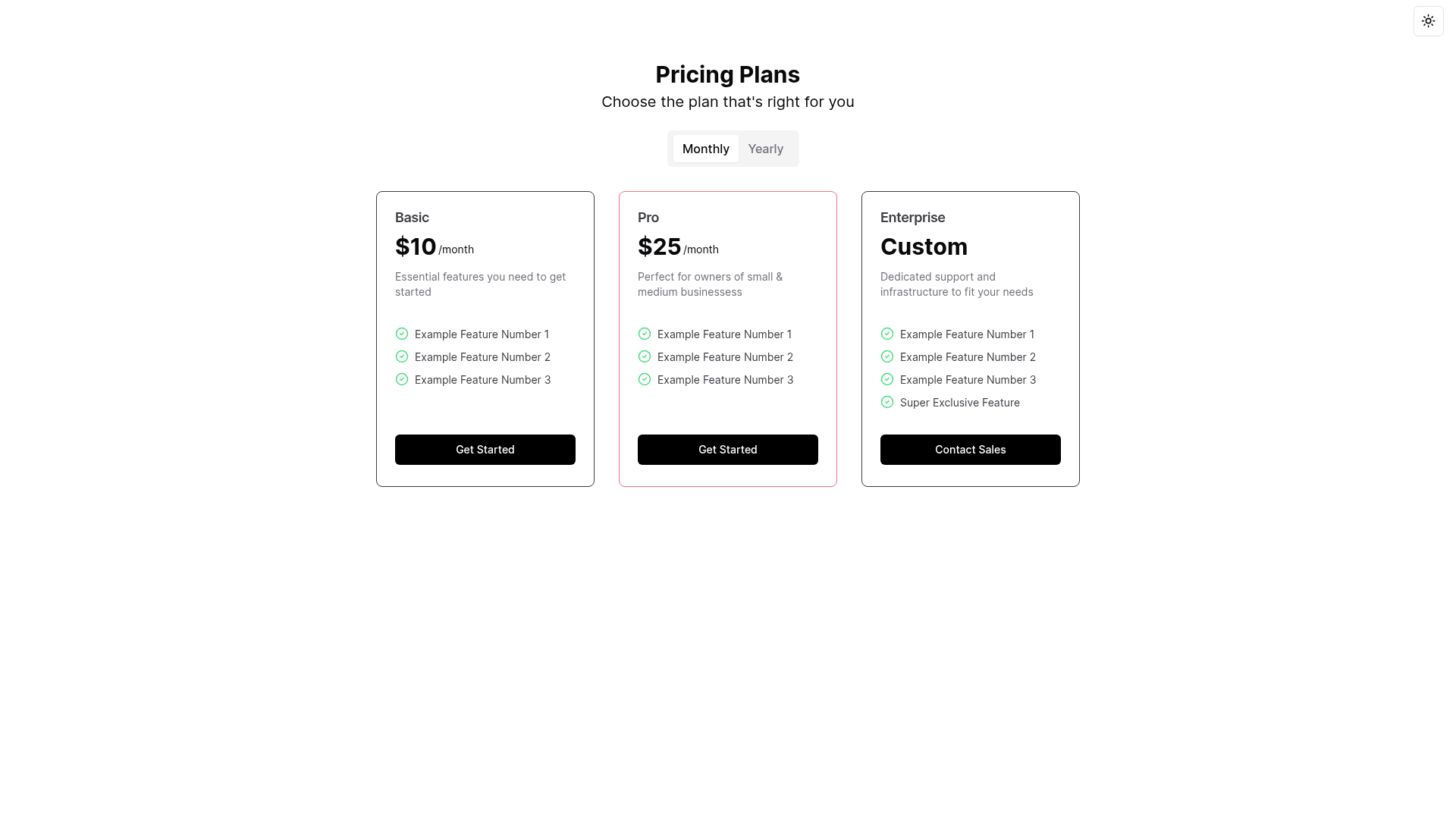 screenshot of Pricing Page Shadcn on template0.com