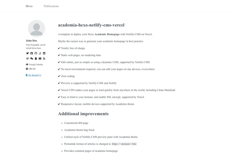 Image for Academia Hexo Netlify CMS Vercel on template0.com