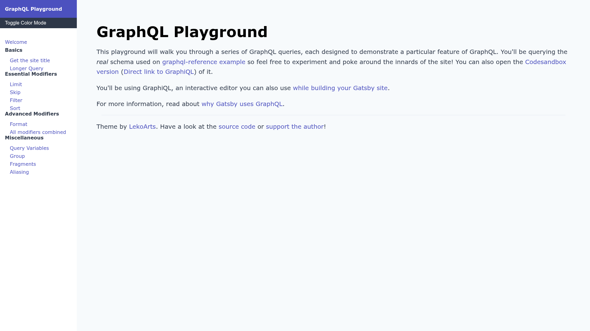 screenshot of Gatsby Starter GraphQL Playground on template0.com