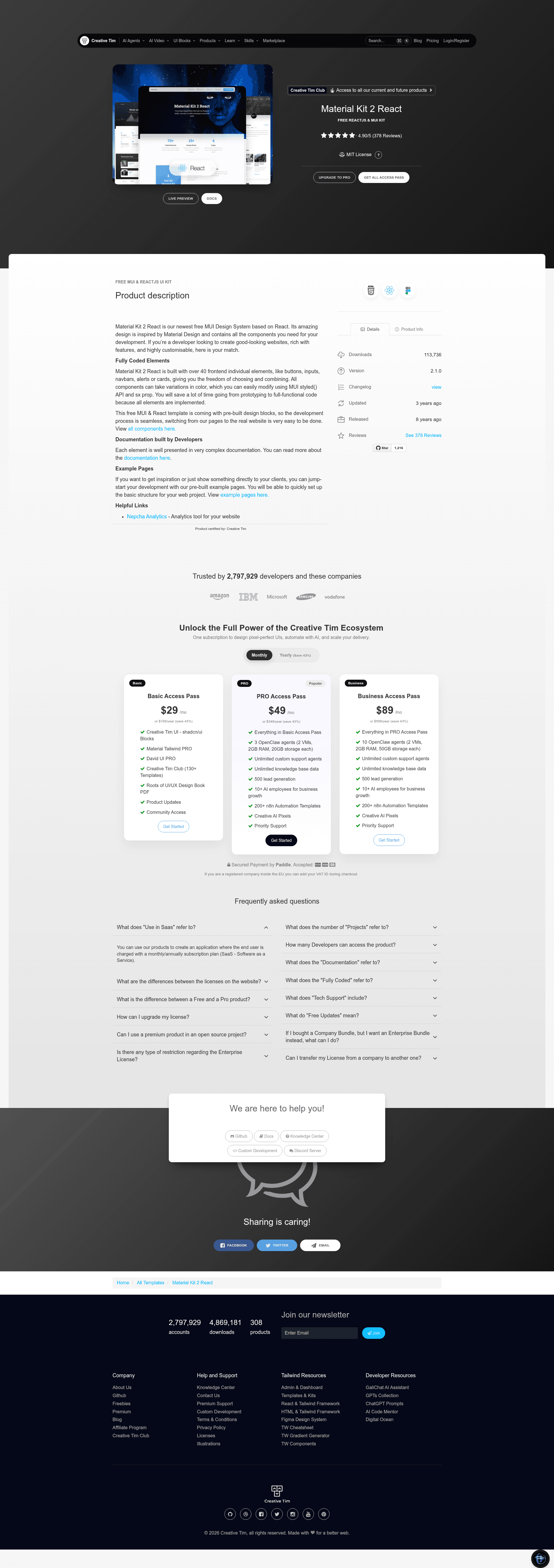 screenshot of Material Kit 2 React on template0.com