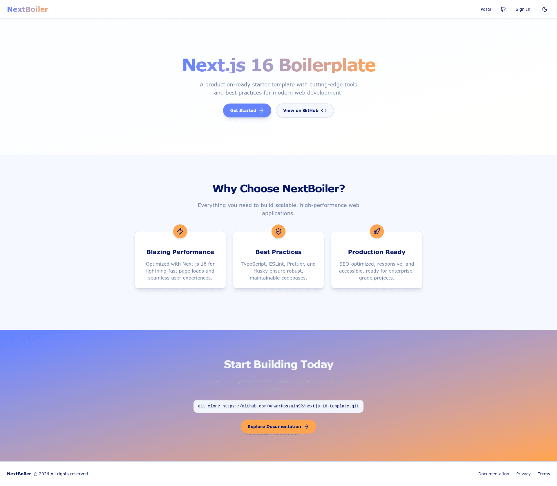 screenshot of Next.js 16 Boilerplate on template0.com