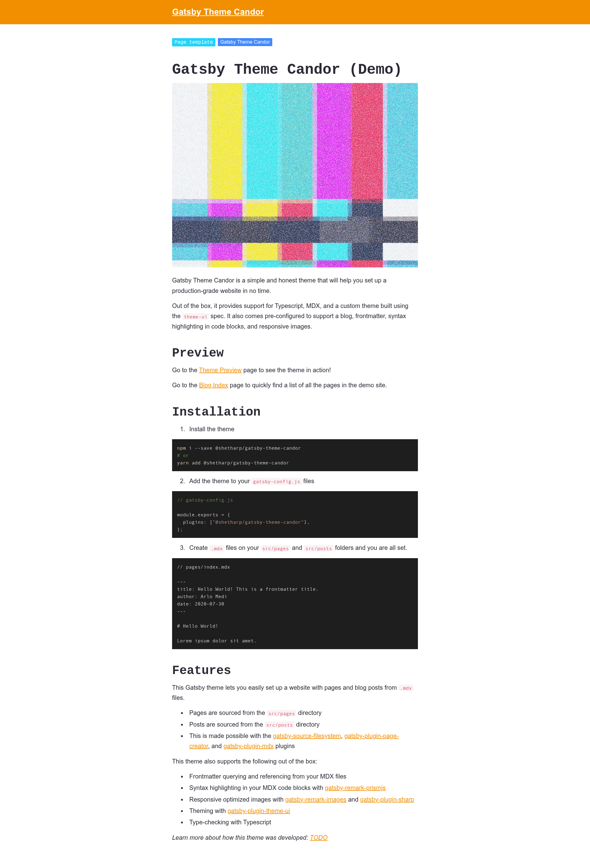 screenshot of Gatsby Theme Candor on template0.com