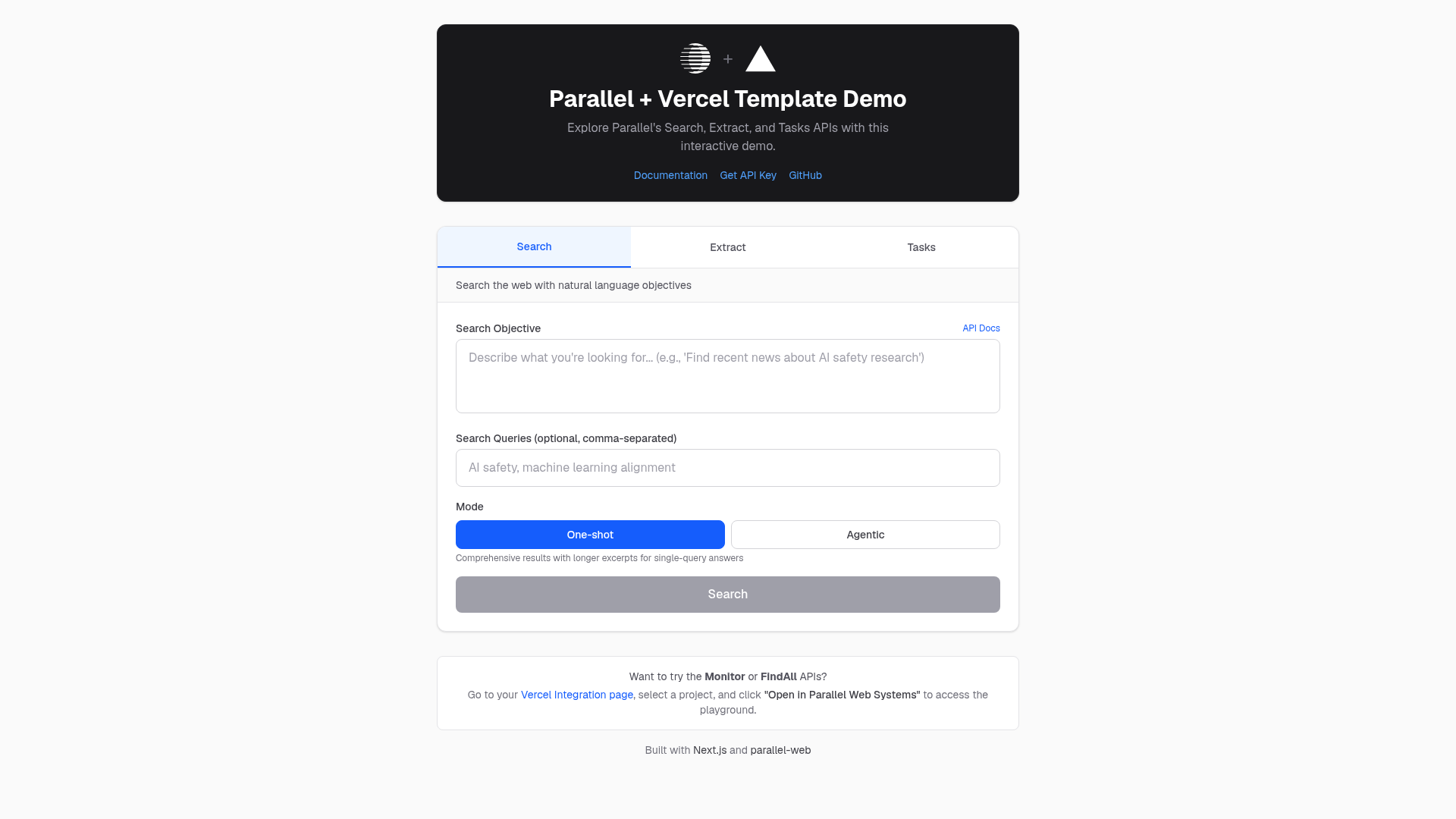 screenshot of Parallel + Vercel Template on template0.com