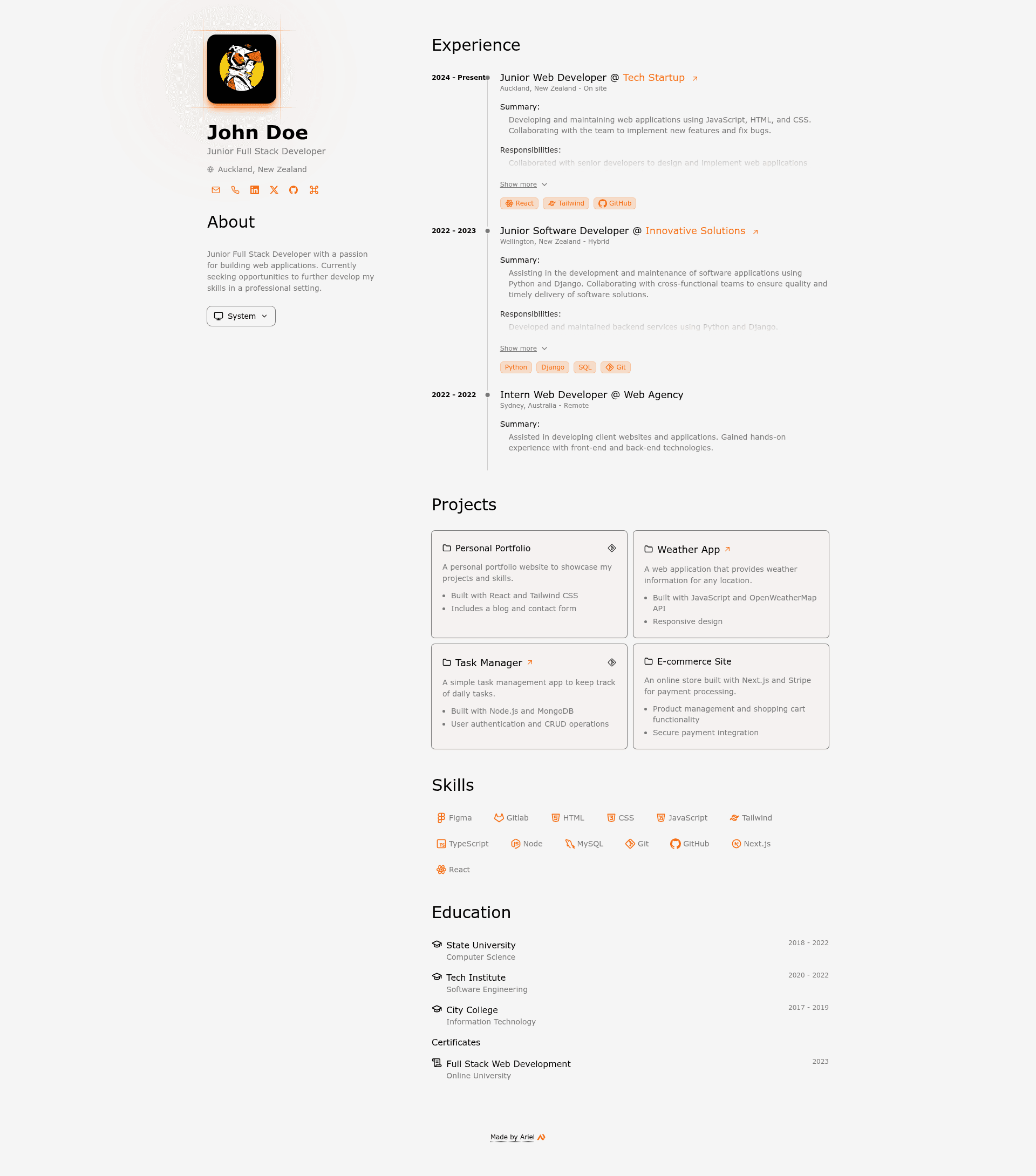screenshot of Print-friendly Portfolio CV on template0.com