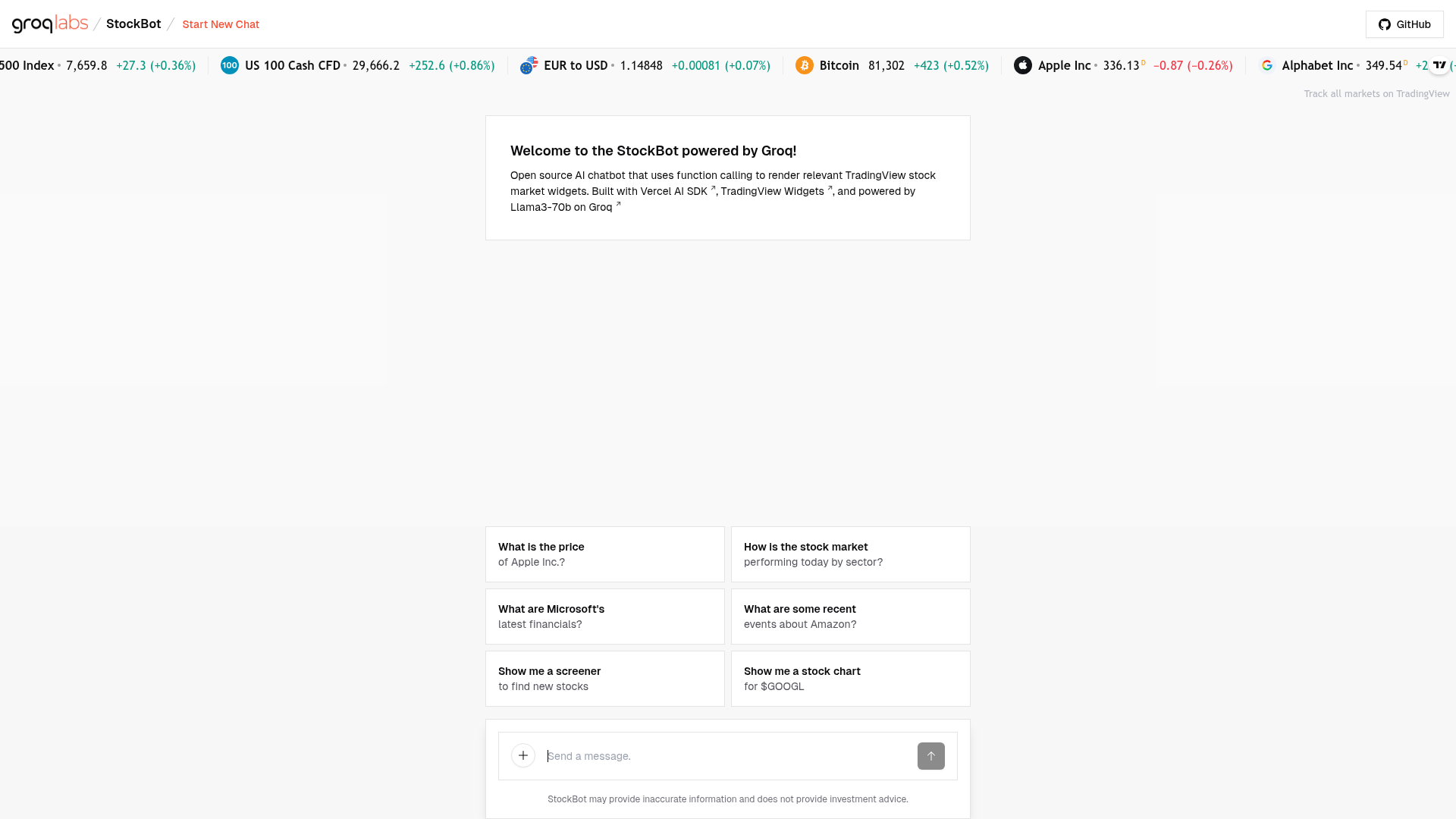 screenshot of StockBot - Powered by Groq on template0.com