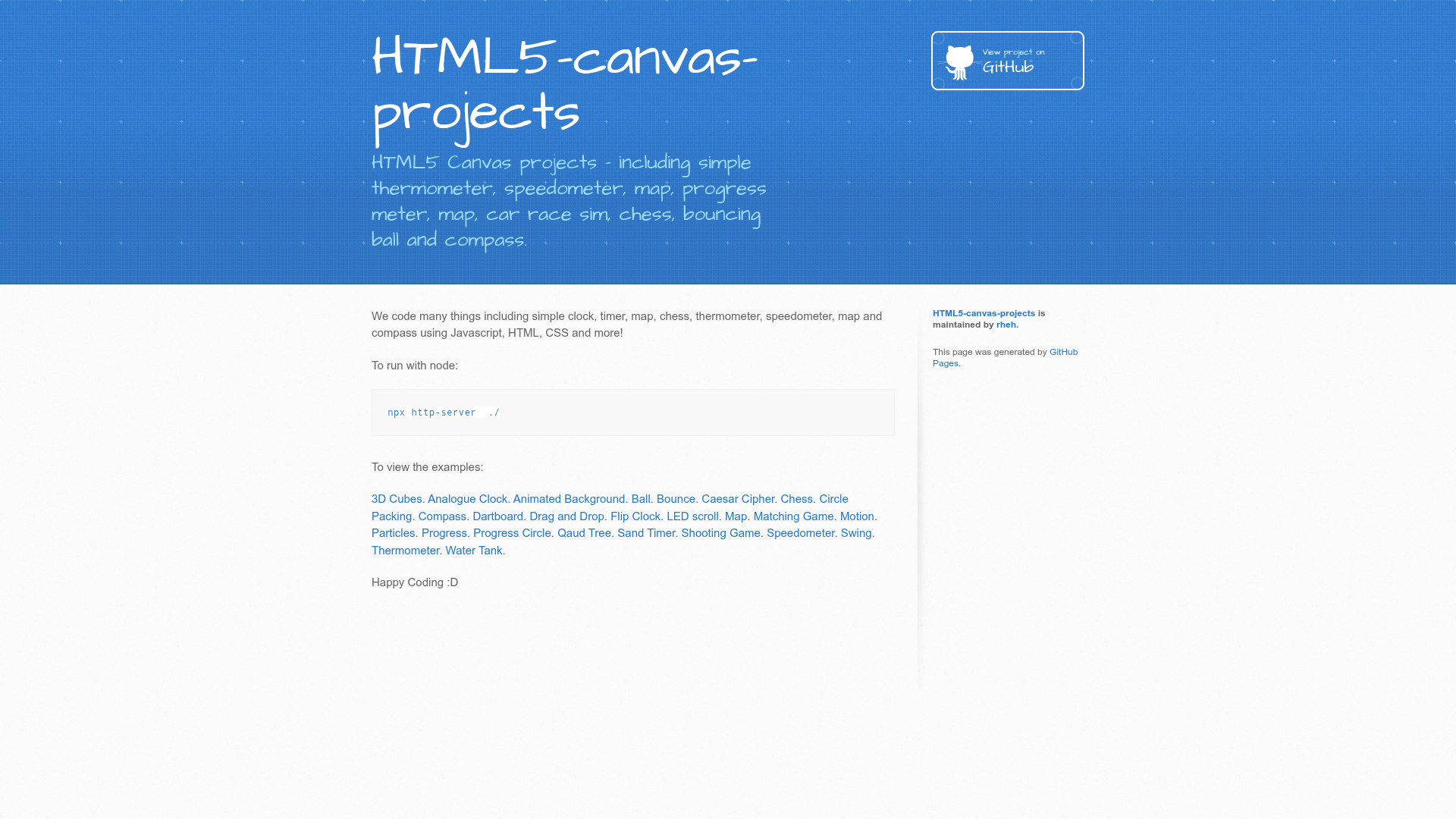 screenshot of HTML5 Canvas Projects on template0.com