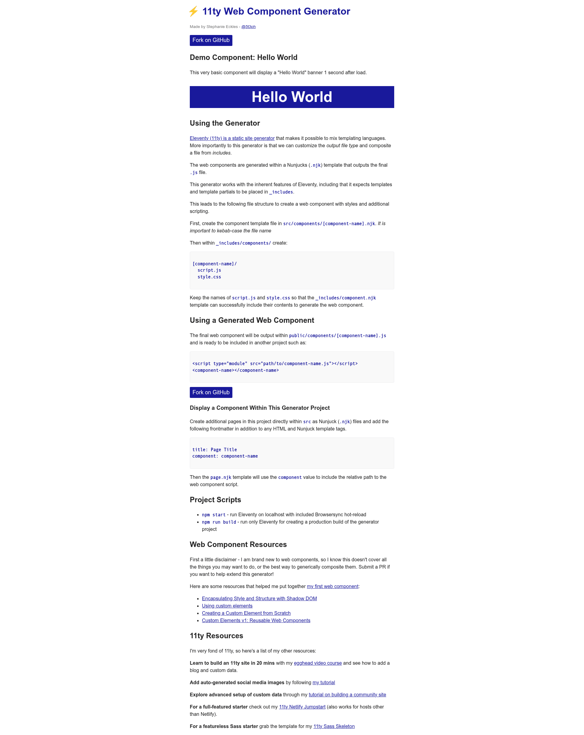 screenshot of 11ty Web Component Generator on template0.com
