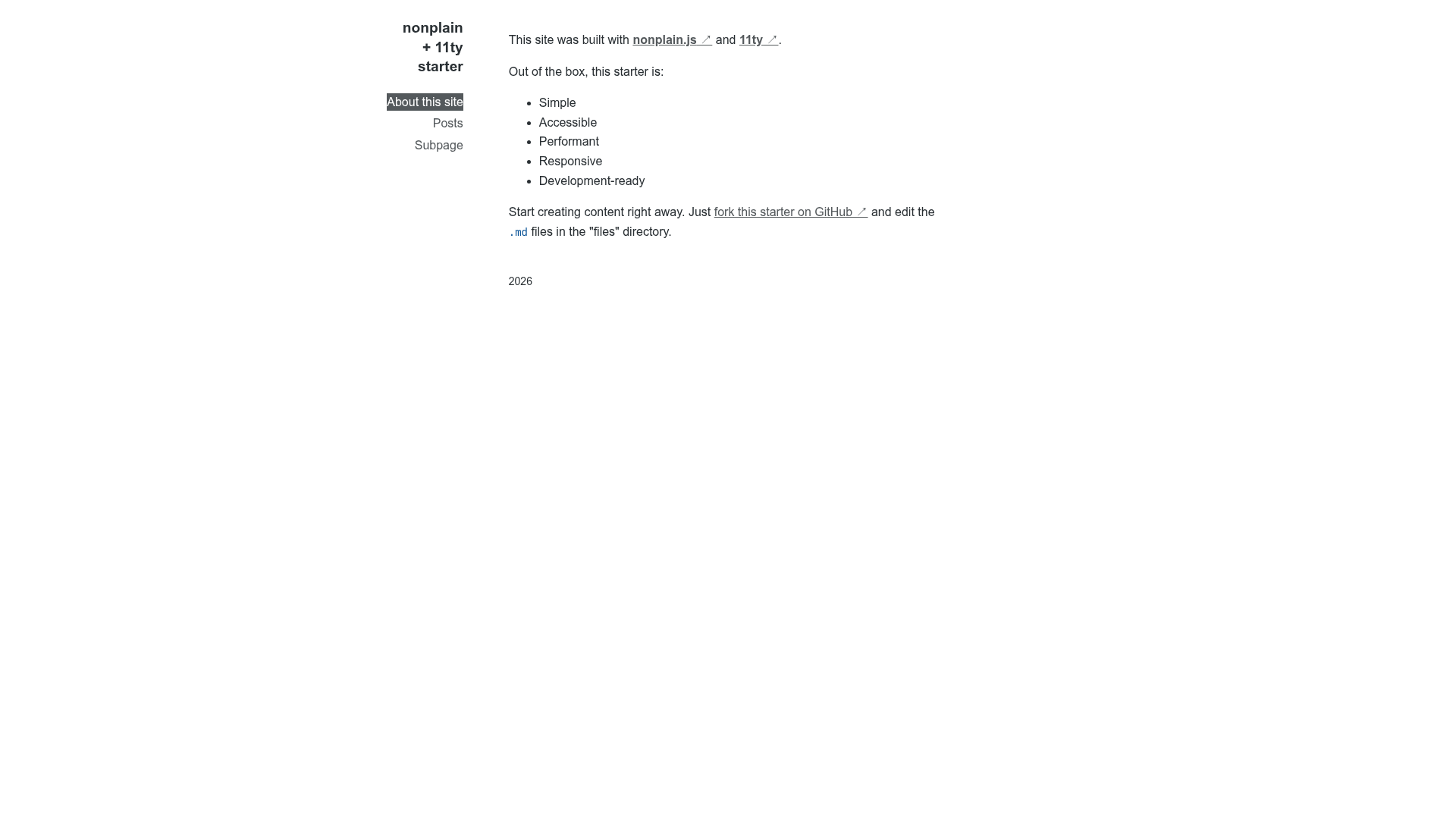 screenshot of Nonplain 11ty Starter on template0.com