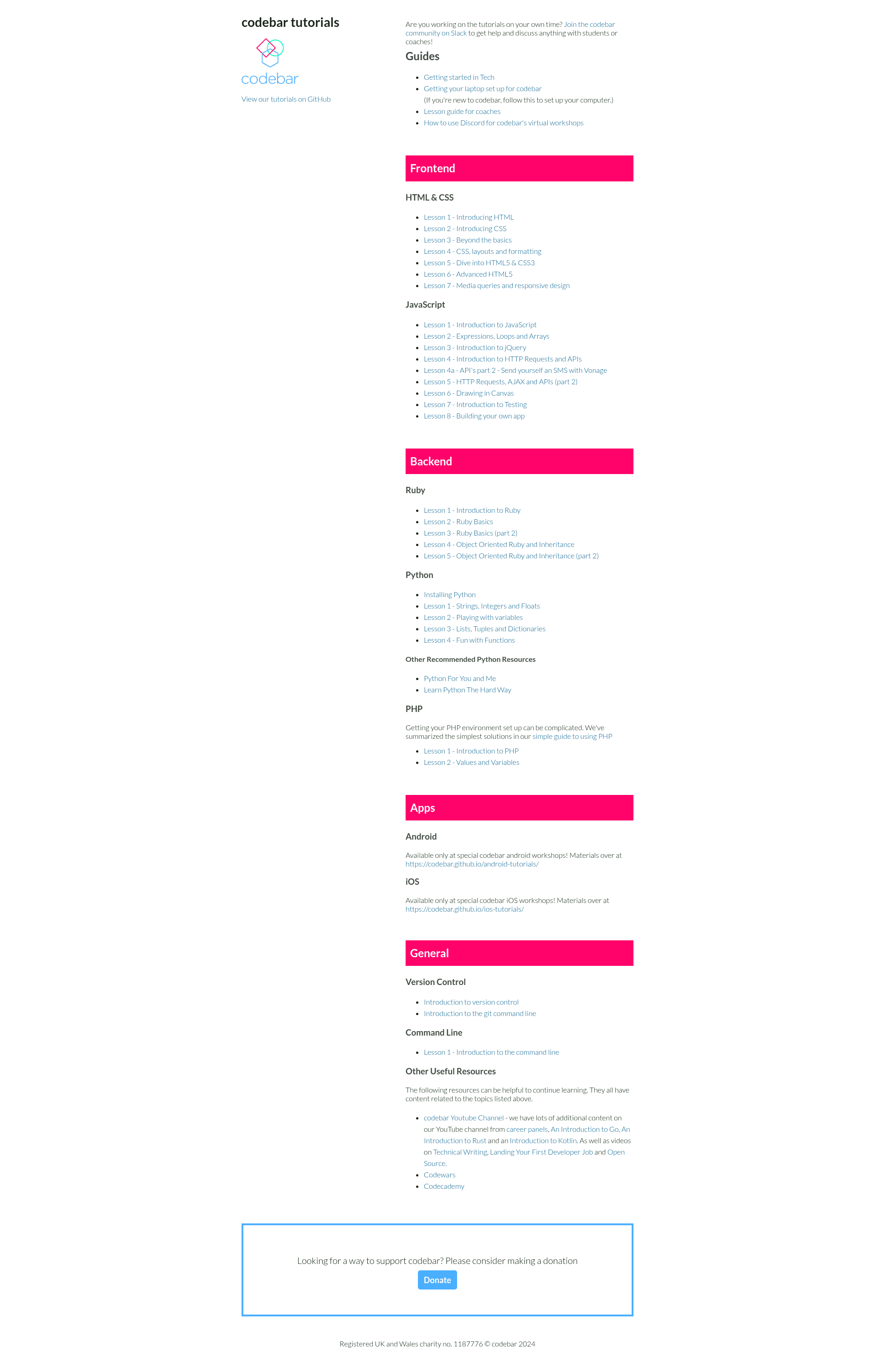 screenshot of codebar Tutorials on template0.com