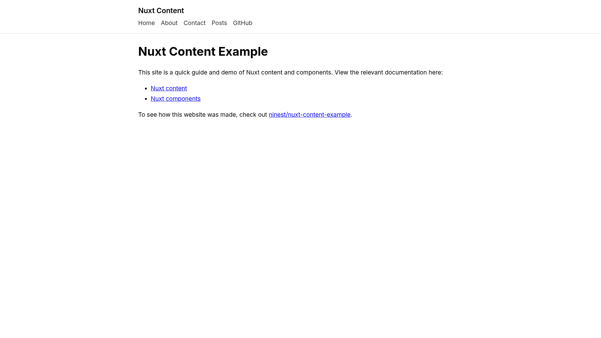screenshot of Nuxt Content Example on template0.com