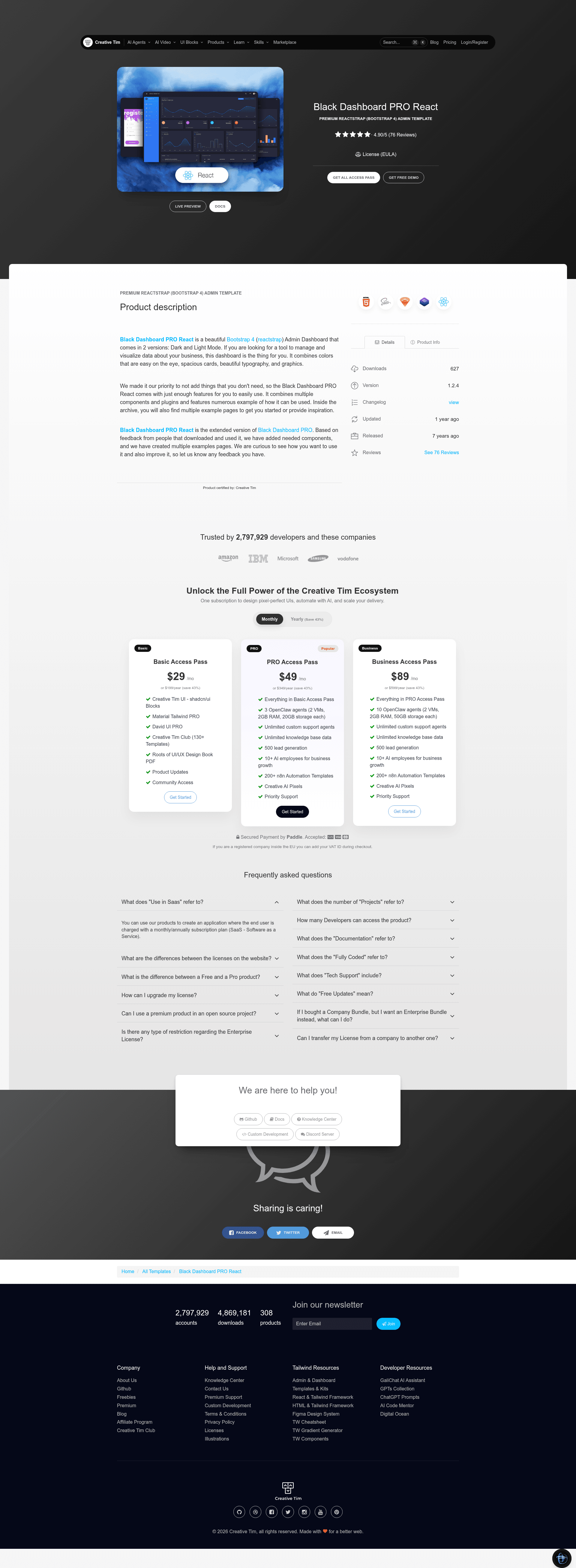 screenshot of Black Dashboard PRO React on template0.com