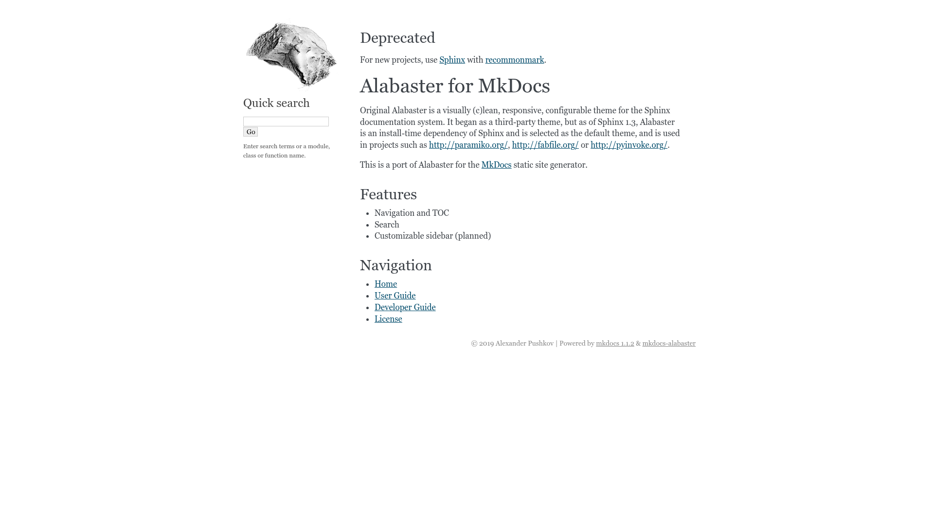 screenshot of Alabaster for MkDocs on template0.com