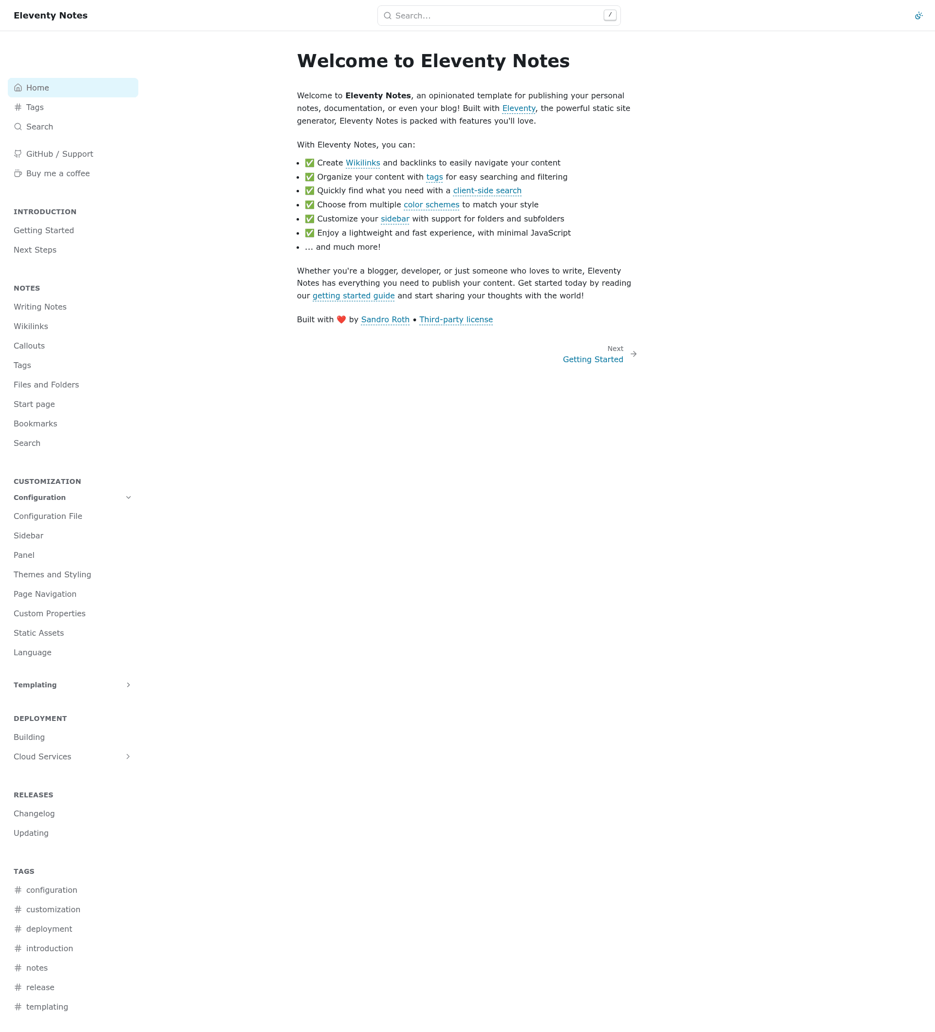 screenshot of Eleventy Notes on template0.com