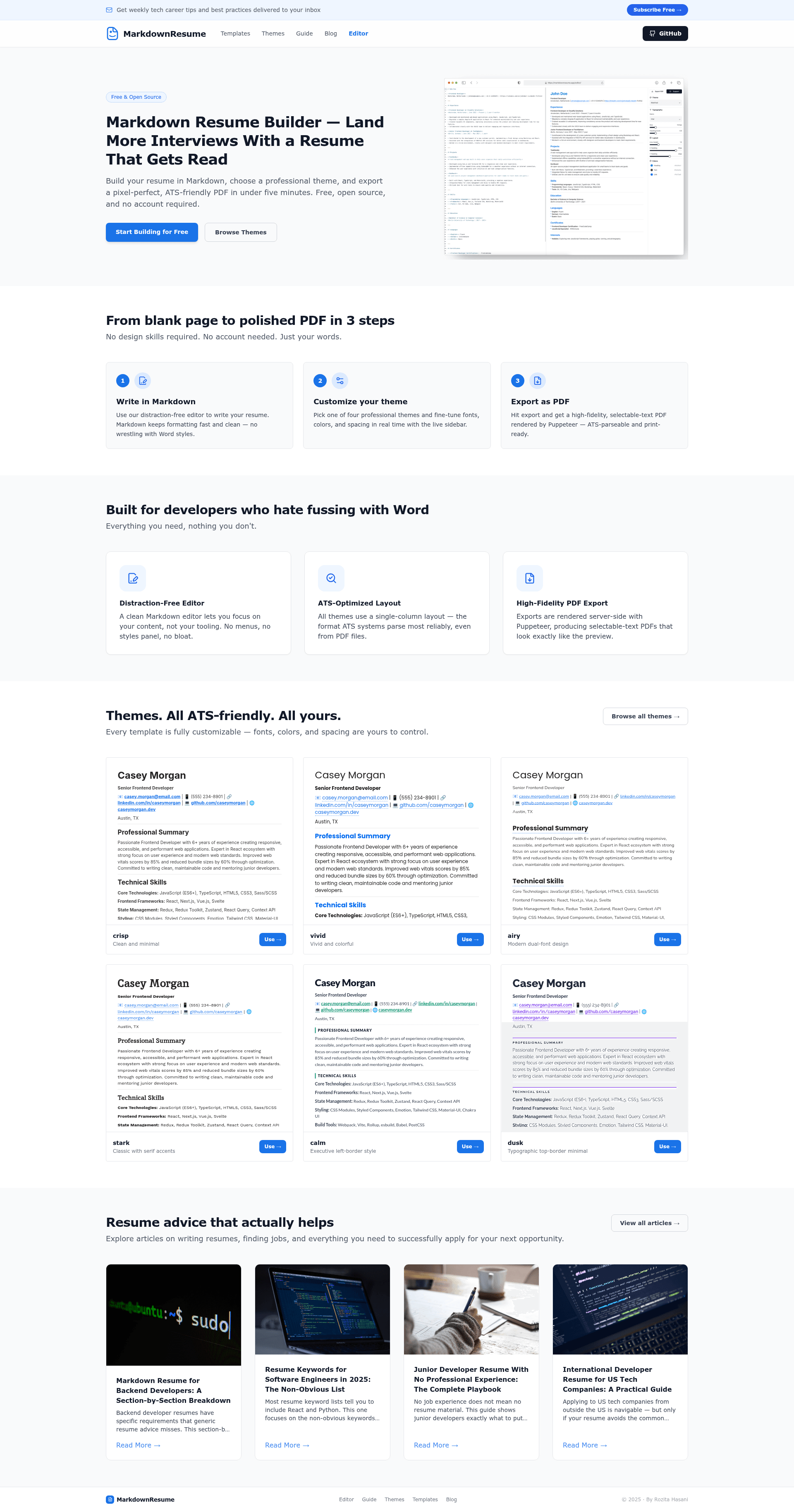 screenshot of Markdown Resume on template0.com