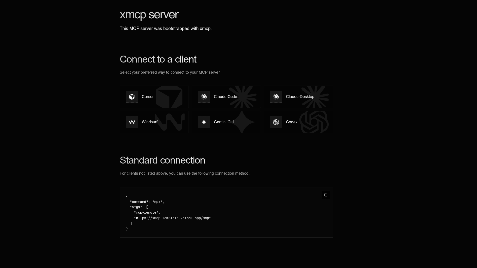 screenshot of xmcp Boilerplate on template0.com