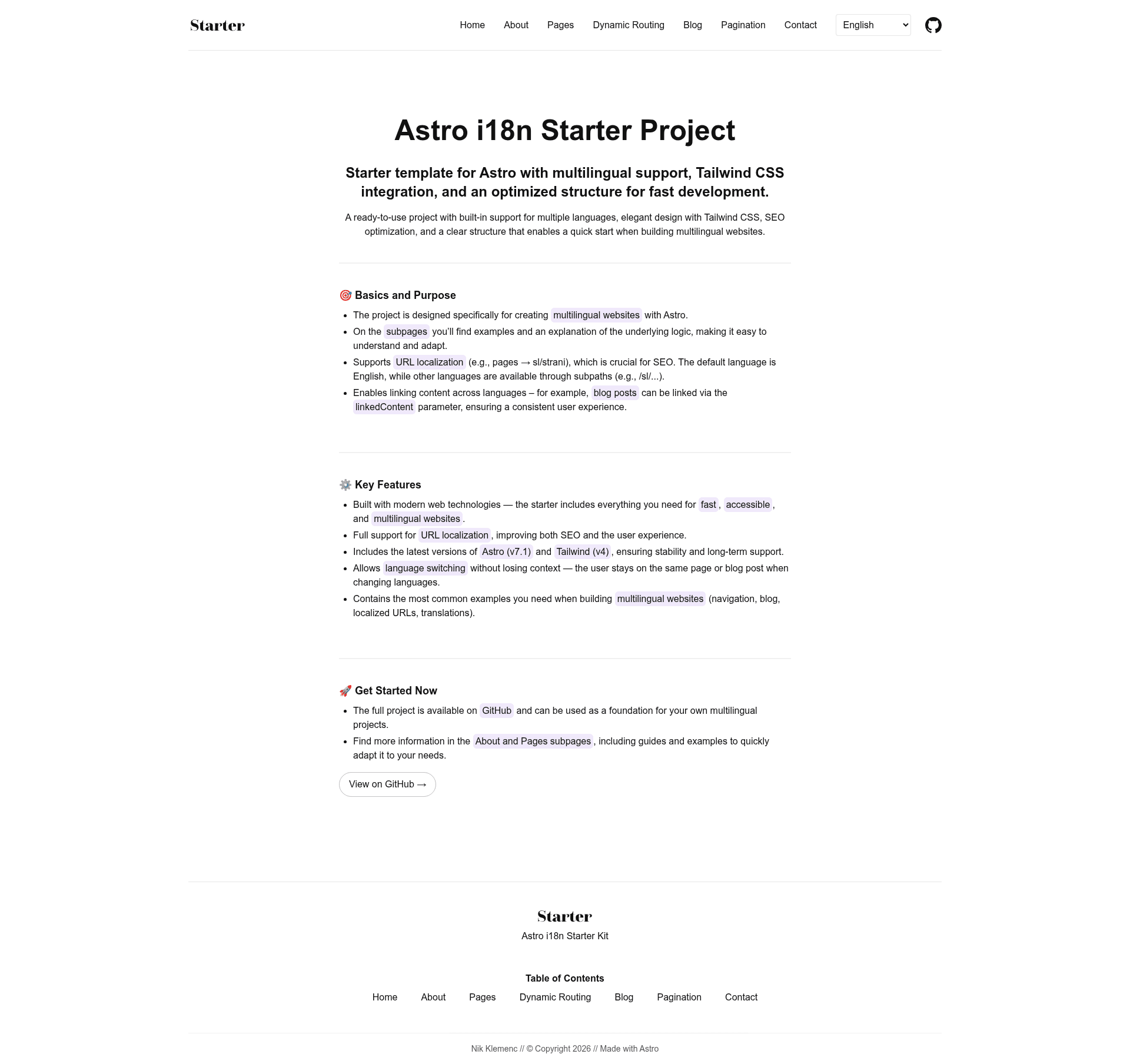 screenshot of Astro i18n Starter on template0.com