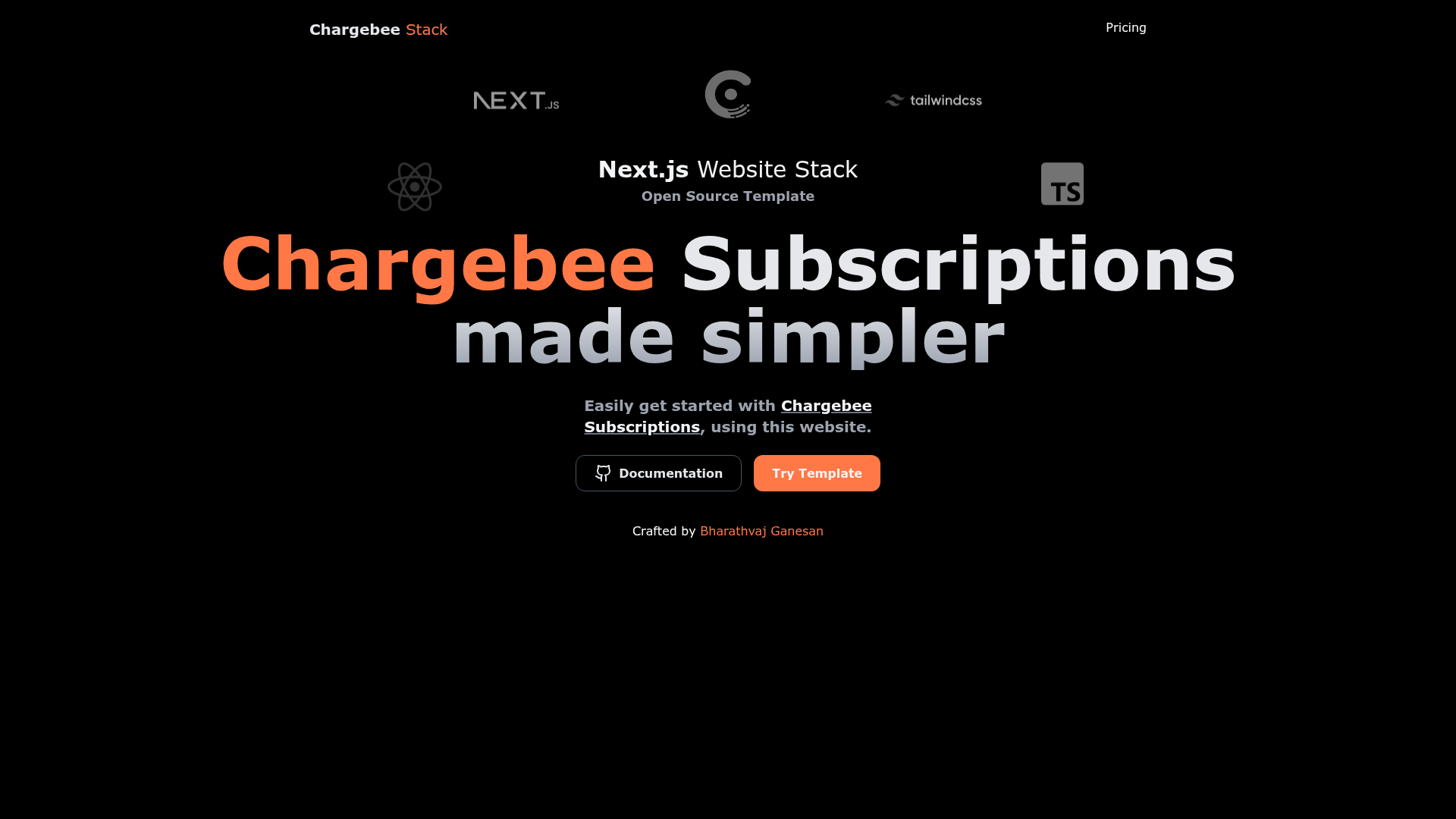 screenshot of Chargebee Nextjs Static on template0.com