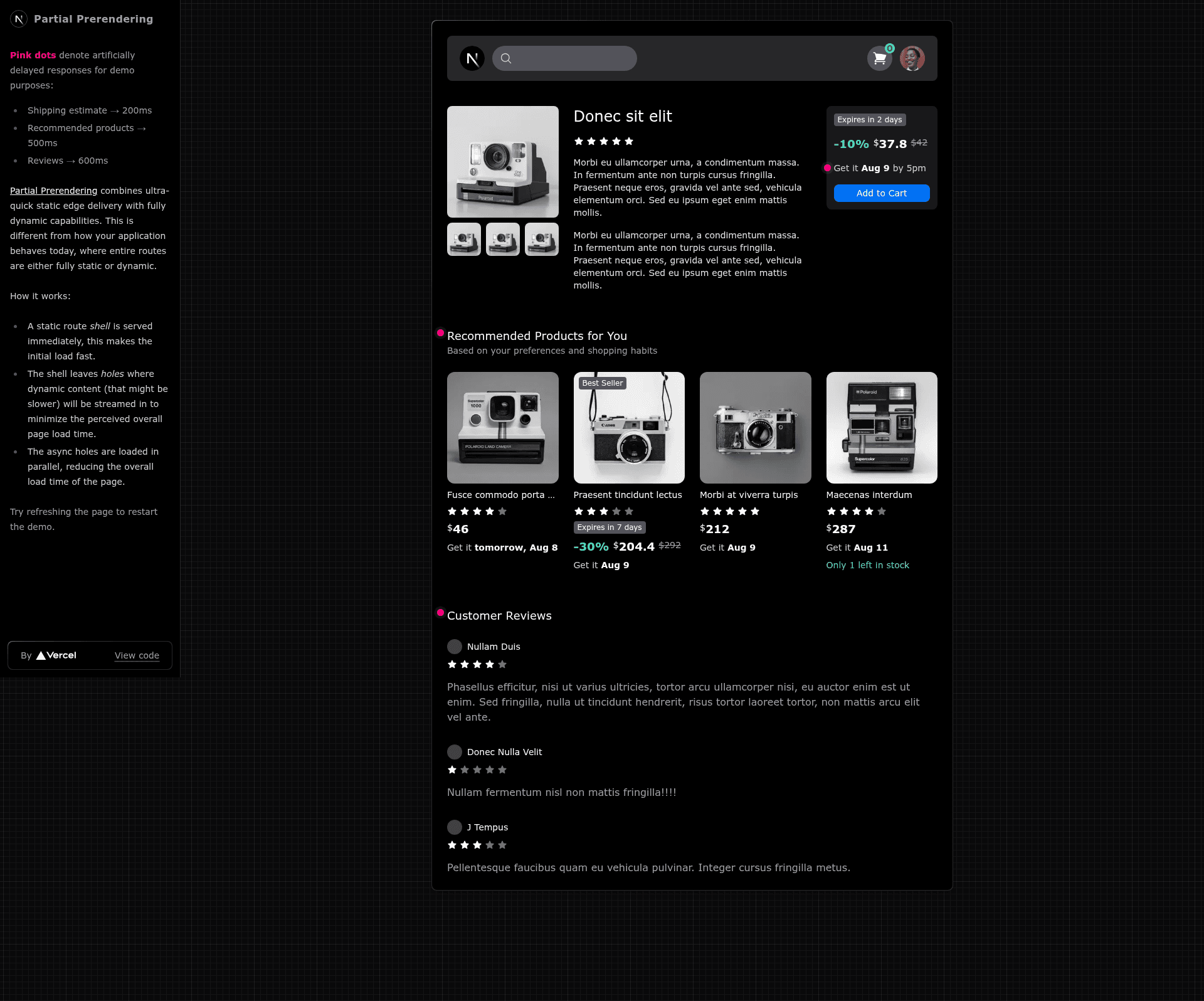 screenshot of Next.js Partial Prerendering Demo on template0.com