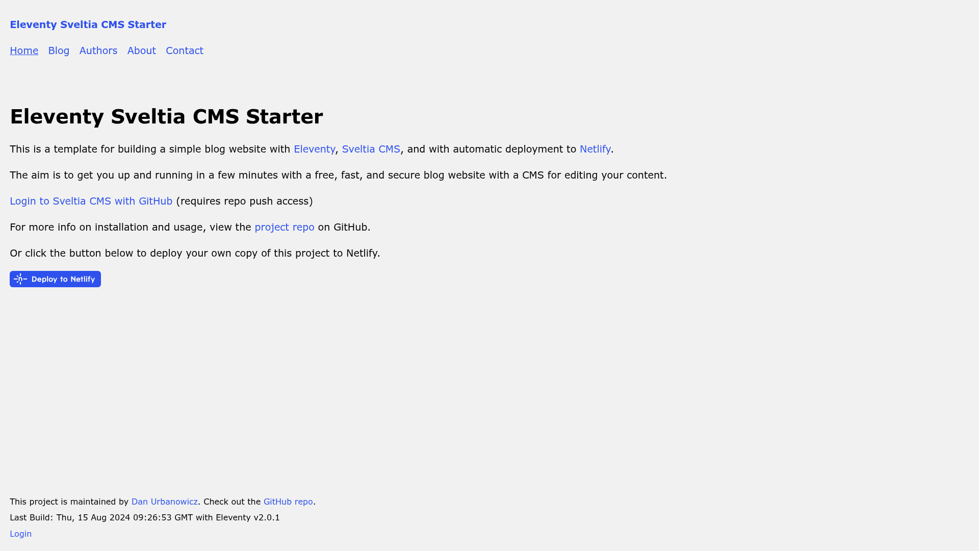 screenshot of Eleventy Sveltia CMS Starter on template0.com