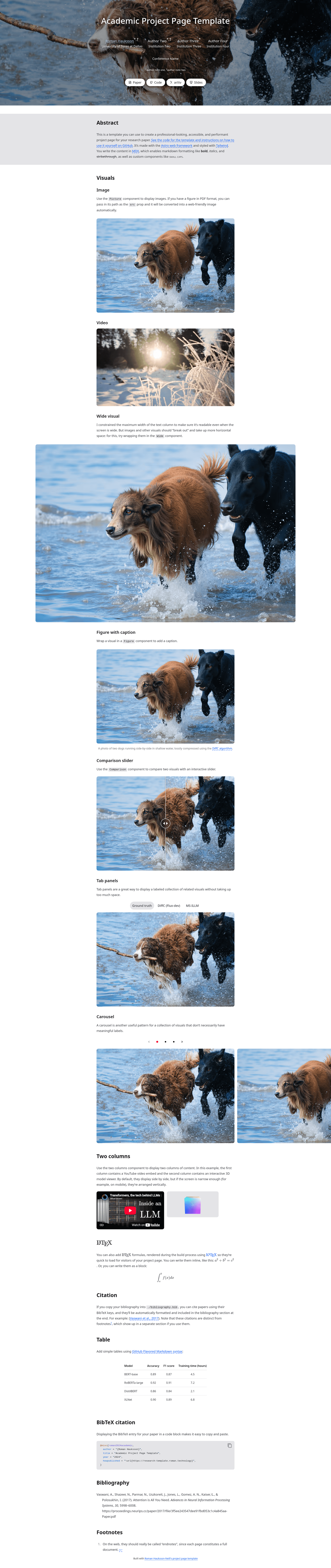 screenshot of Academic project page template on template0.com