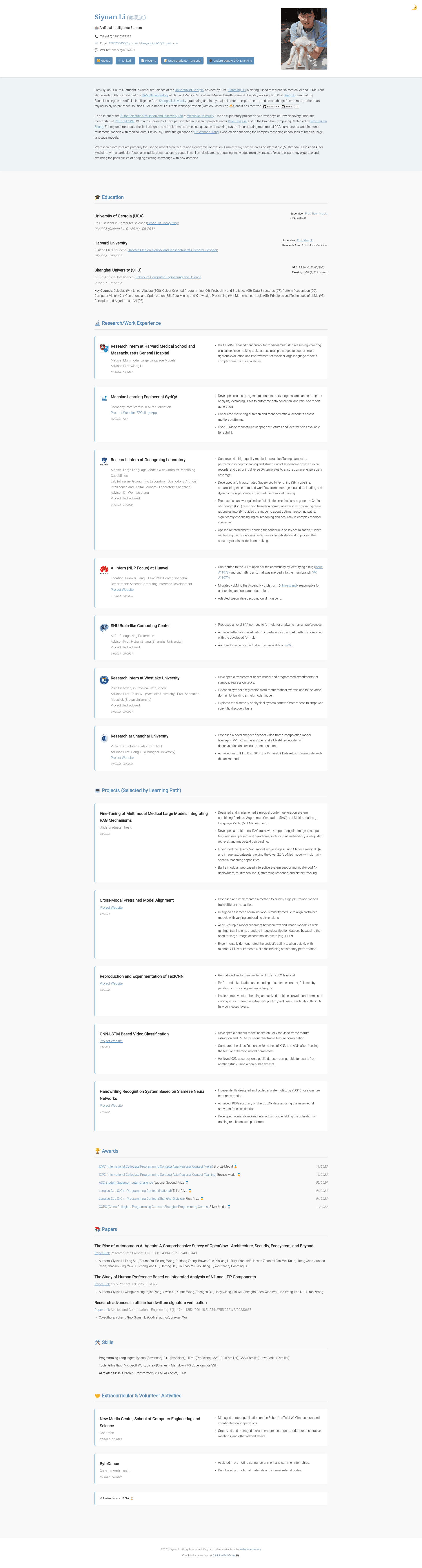screenshot of siyuanli.tech Personal Website Template on template0.com