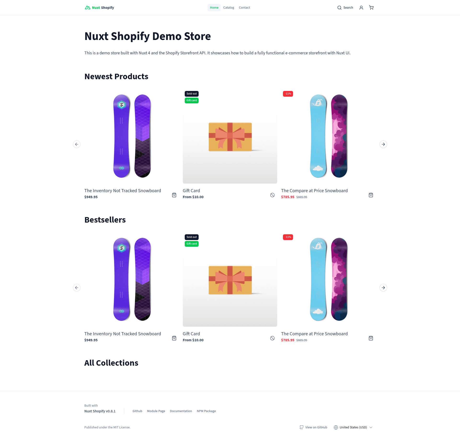 screenshot of Nuxt Shopify Module on template0.com