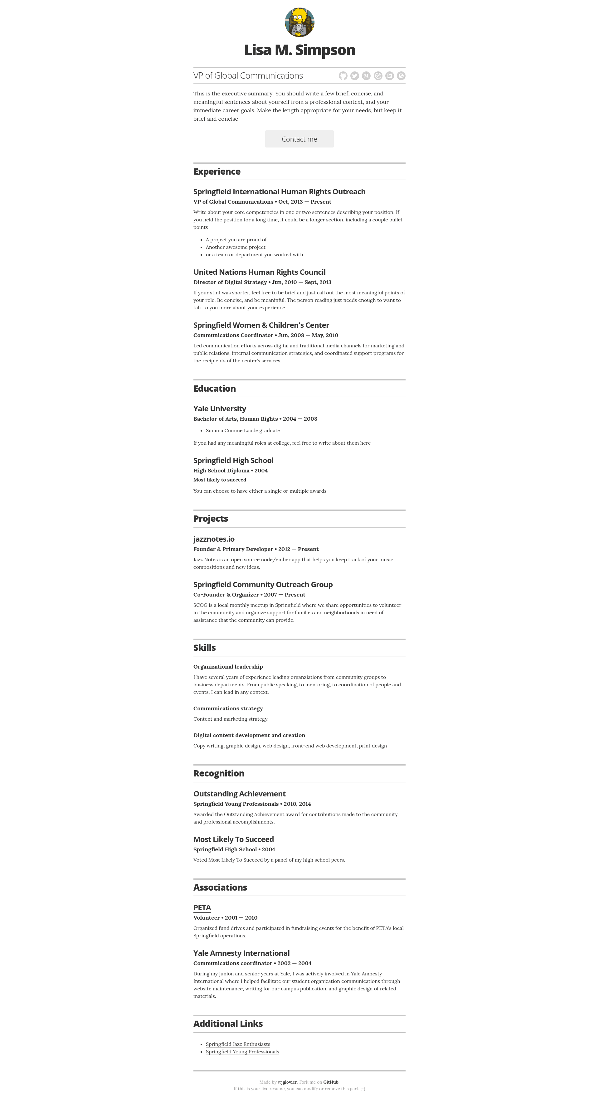 screenshot of Resume Template on template0.com