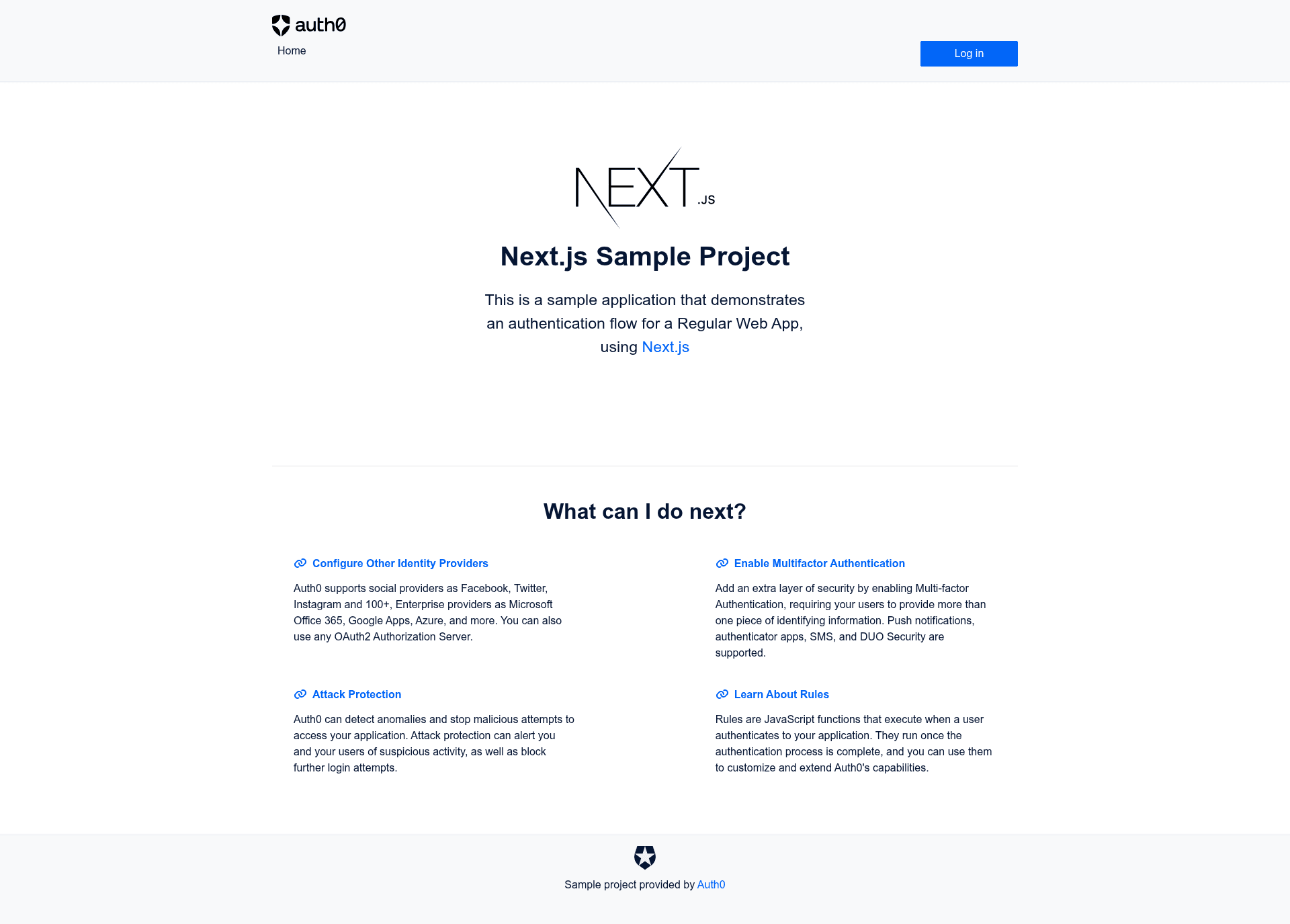 screenshot of Auth0 Next.js Starter on template0.com