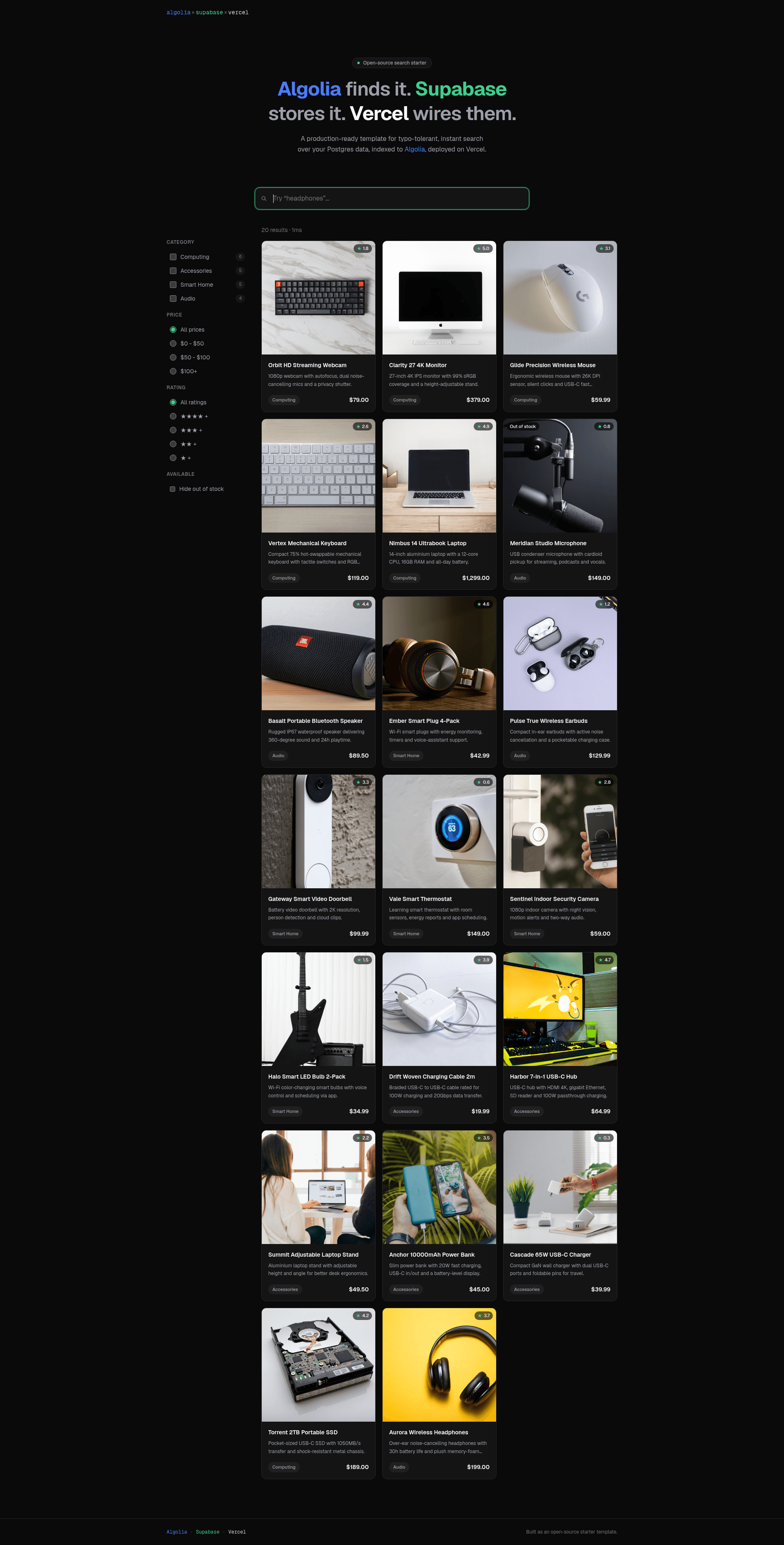 screenshot of Algolia × Supabase × Vercel Starter on template0.com