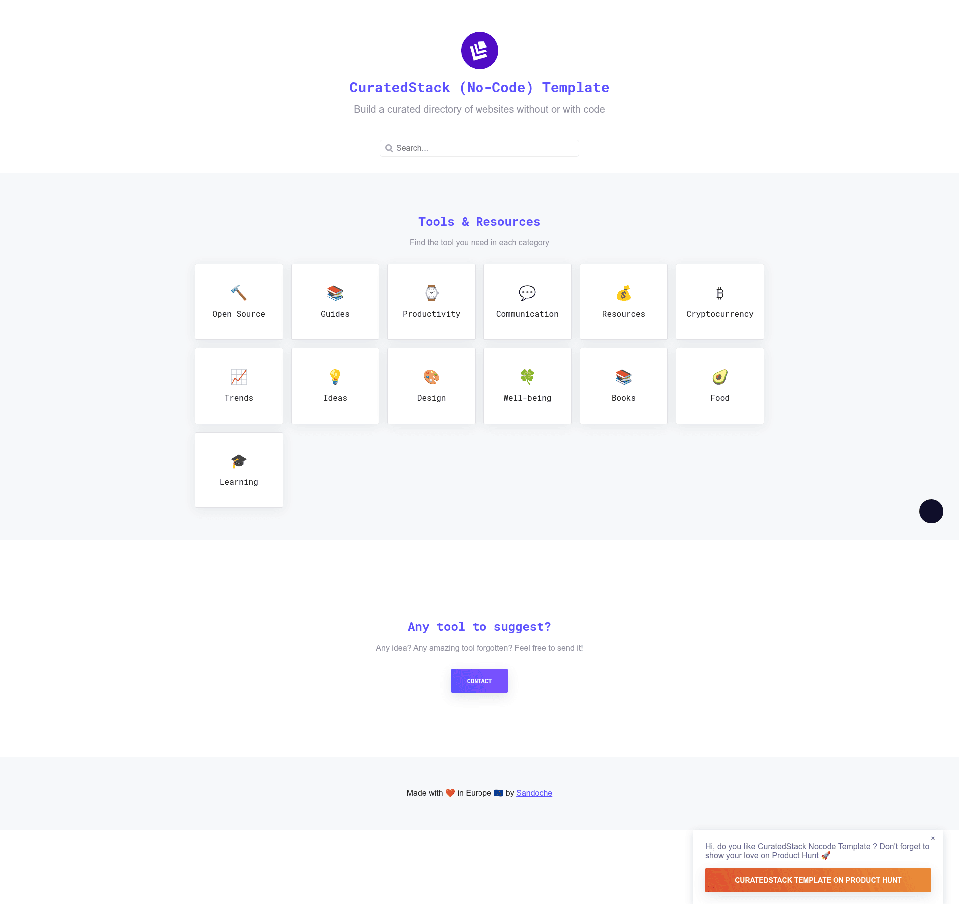 screenshot of CuratedStack Nocode Template on template0.com