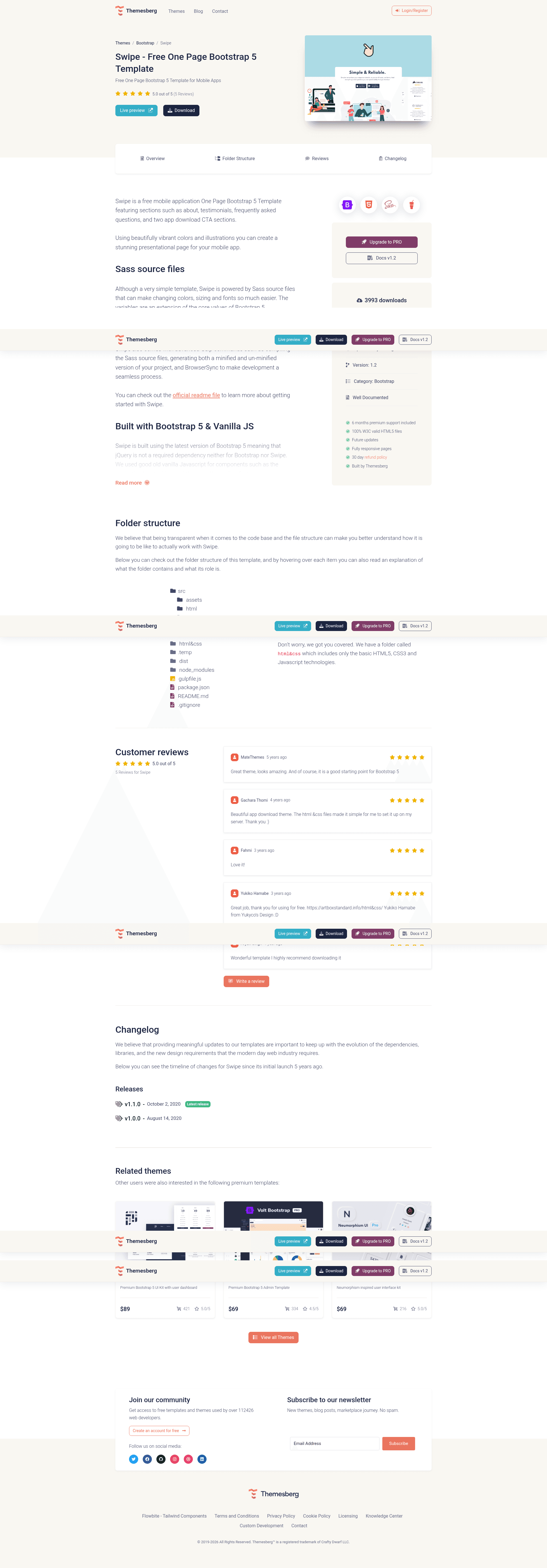 screenshot of Swipe One Page Bootstrap 5 Template on template0.com
