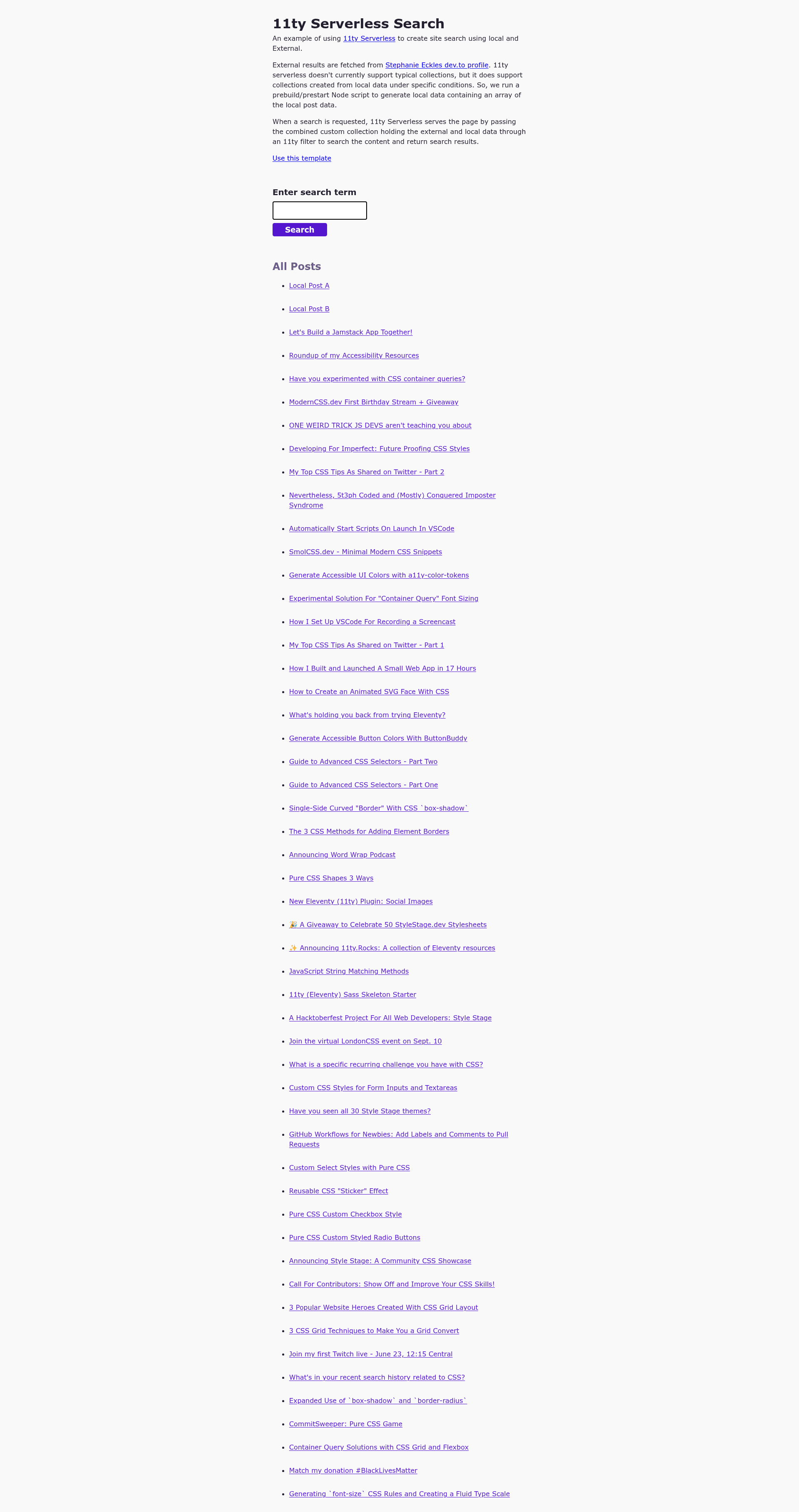 screenshot of 11ty Serverless Search on template0.com