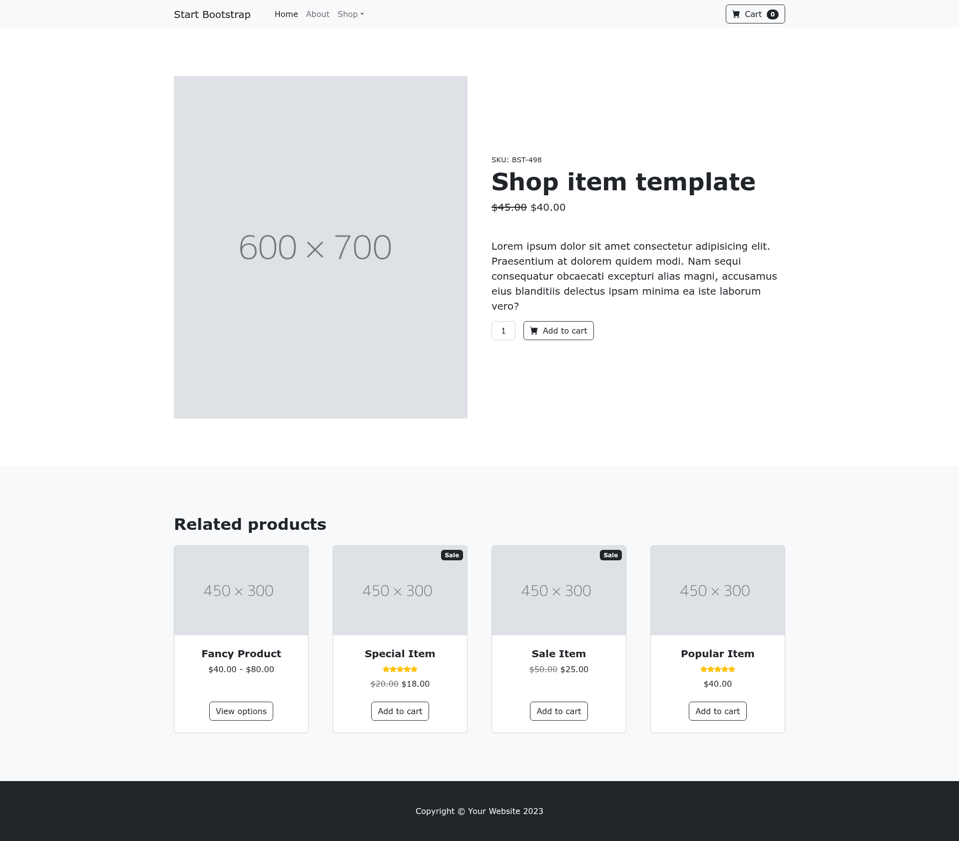screenshot of Start Bootstrap Shop Item on template0.com