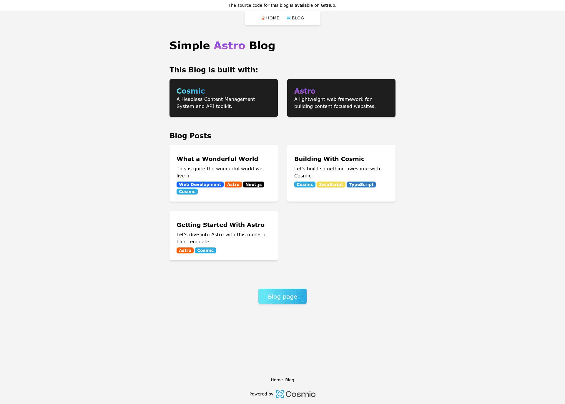 screenshot of Simple Astro Blog on template0.com