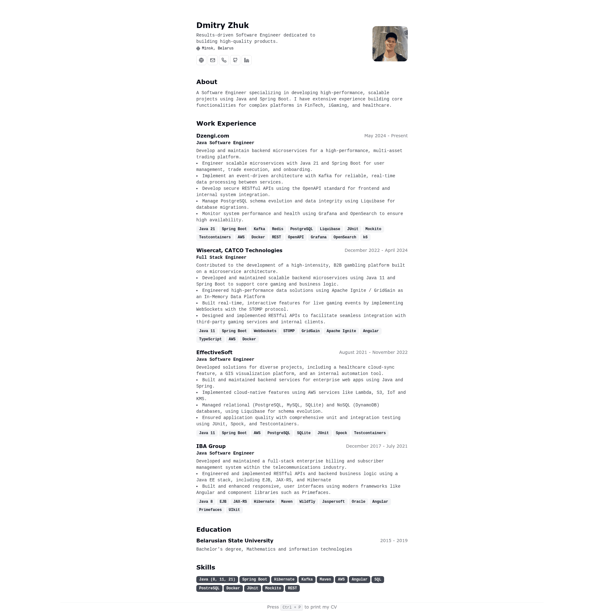 screenshot of Minimalist CV on template0.com