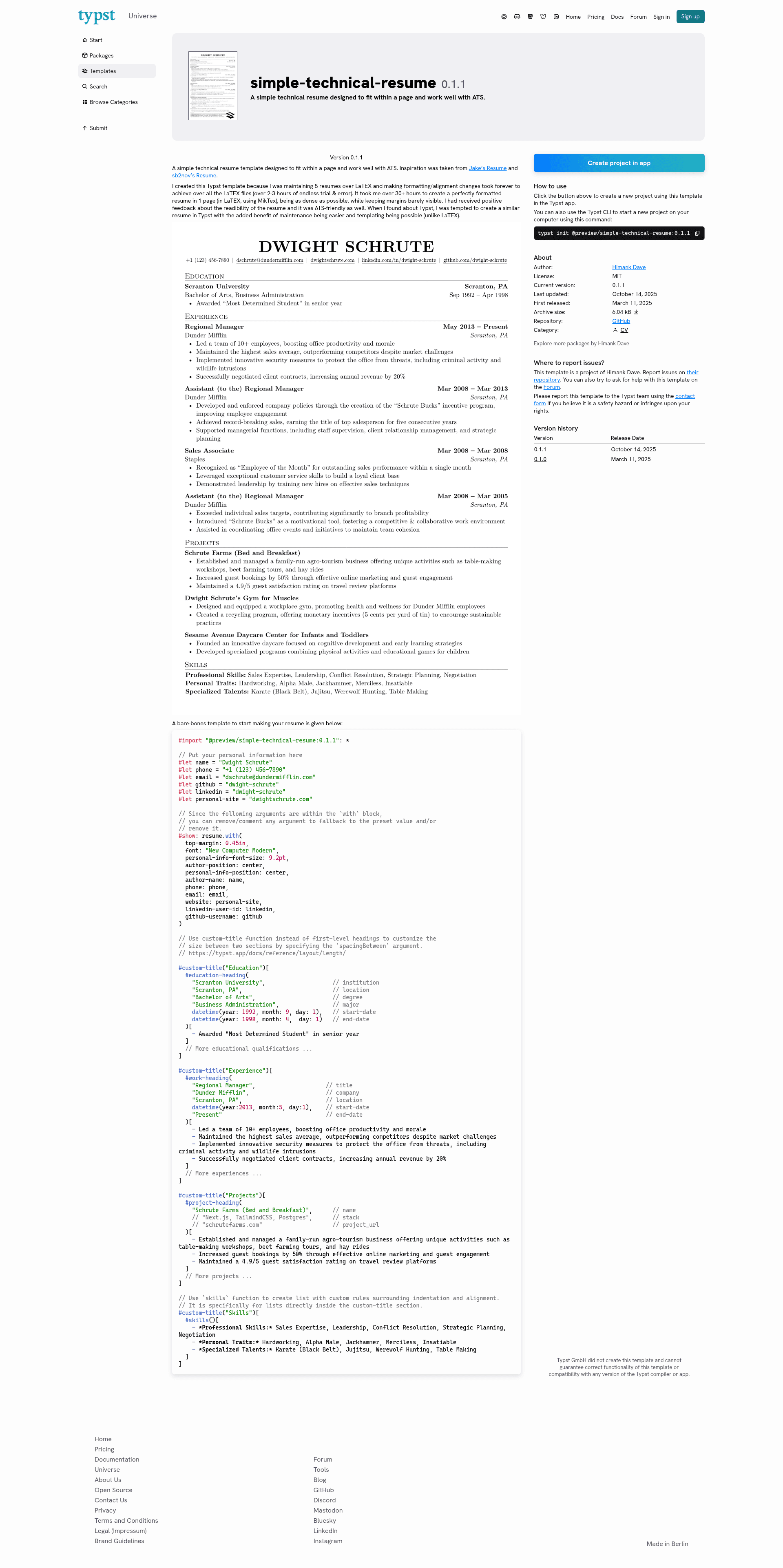 screenshot of Simple Technical Resume on template0.com